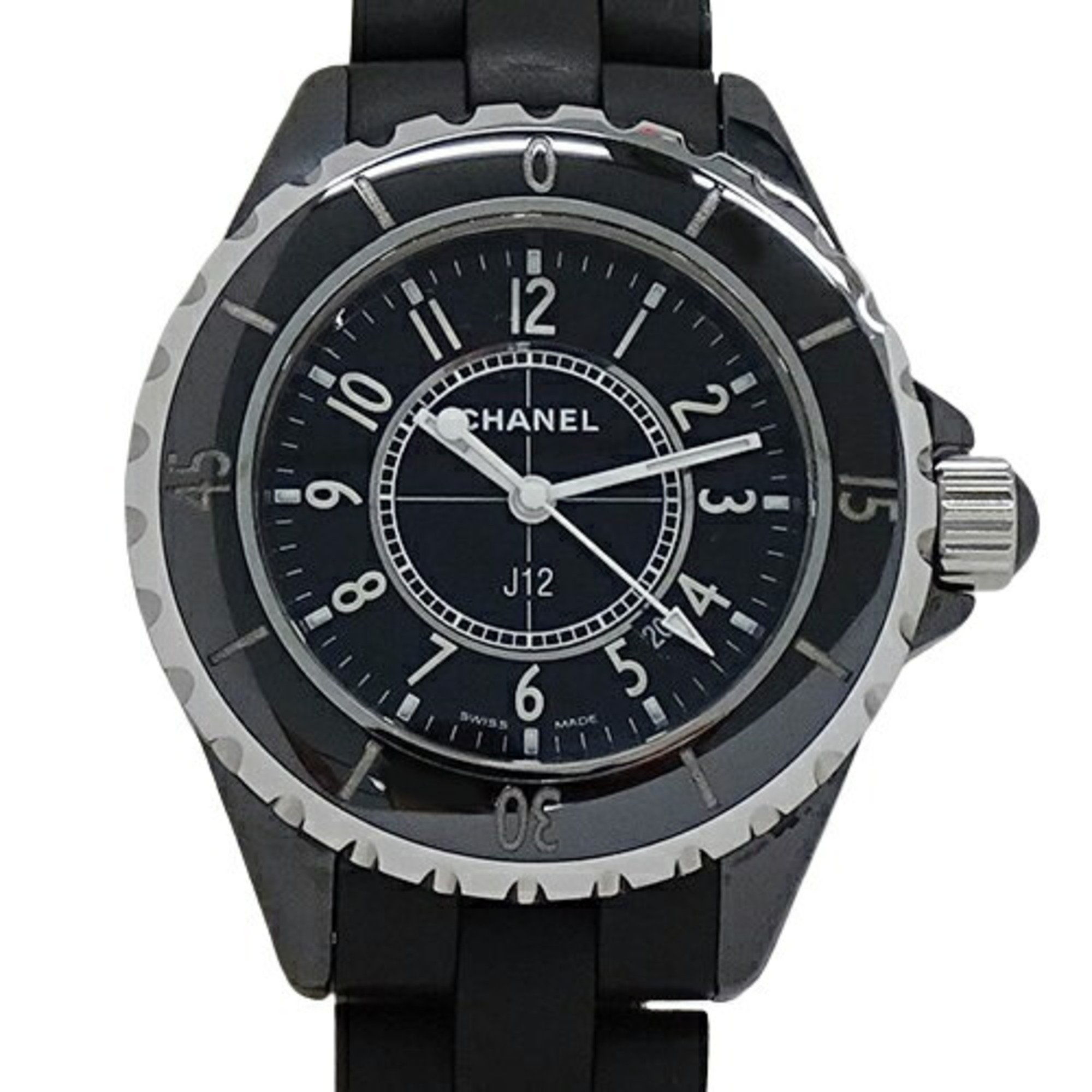 CHANEL Watch for Women, J12, Date, Quartz, Stainless Steel, Black Ceramic, Rubber, H0681, Black, Polished