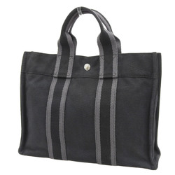 Hermes HERMES Foult PM Stripe Handbag Tote Bag Canvas Black