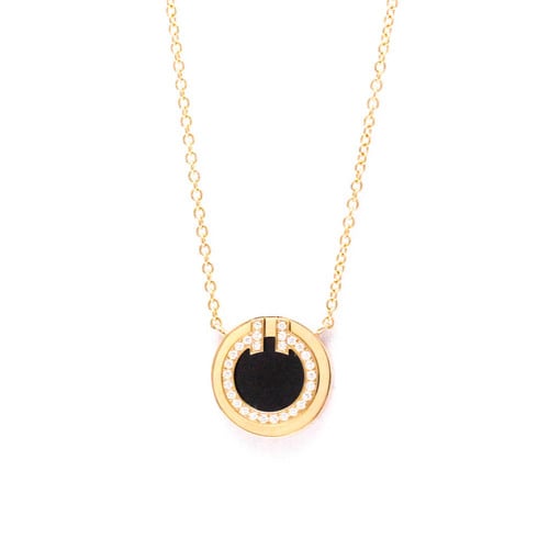 Tiffany T TWO Circle Diamond Onyx Necklace Pink Gold (18K) Diamond,Onyx Men,Women,Unisex Fashion Pendant Necklace (Pink Gold)