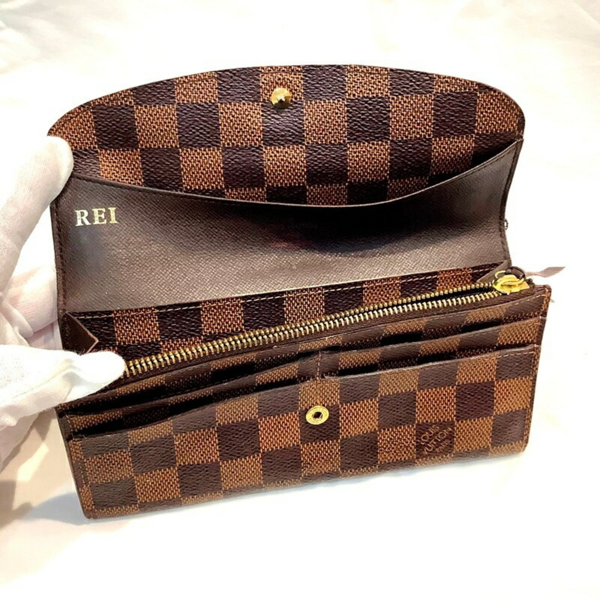 Louis Vuitton (LOUIS VUITTON) Portefeuille Emily N63019 DA Damier Ebene Bi-fold long wallet CA2102 Name (REI) included Loose buttons Soft feel KB-8988