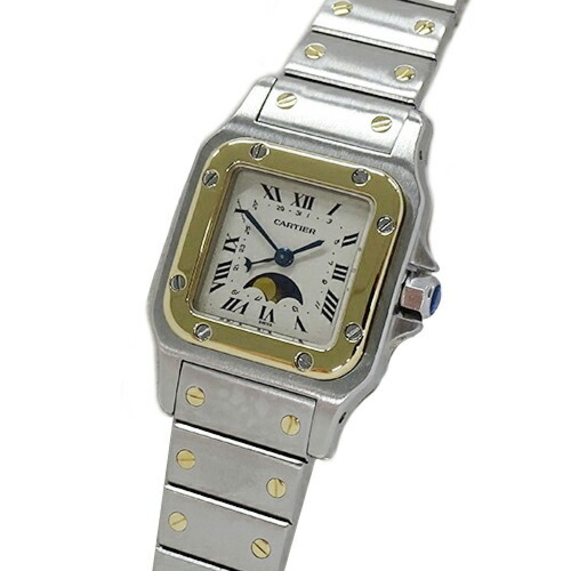 Cartier Women's Watch Santos Galbe SM Moon Phase Date Quartz Stainless Steel SS Gold YG W20008C4 Combination Polished