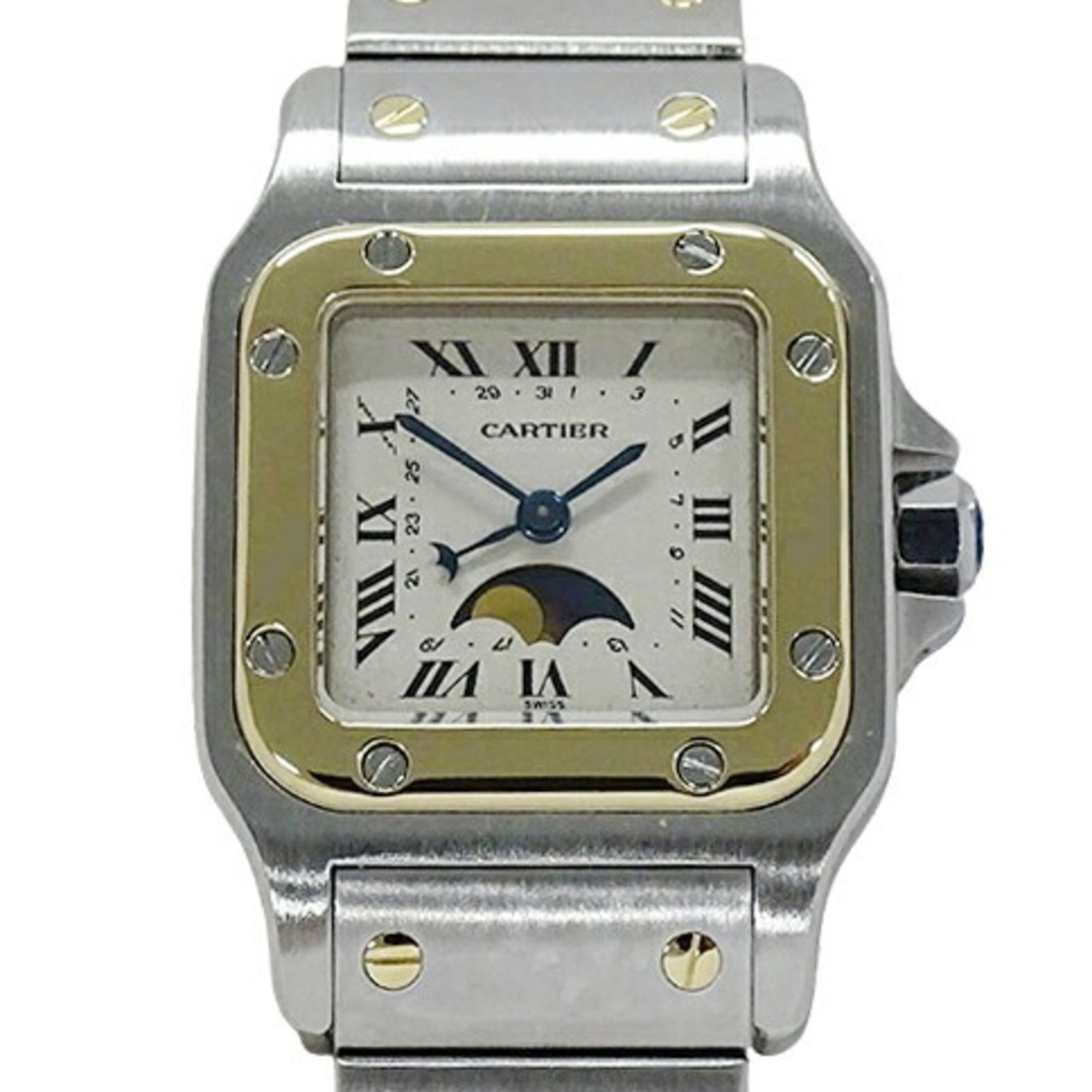 Cartier Women's Watch Santos Galbe SM Moon Phase Date Quartz Stainless Steel SS Gold YG W20008C4 Combination Polished