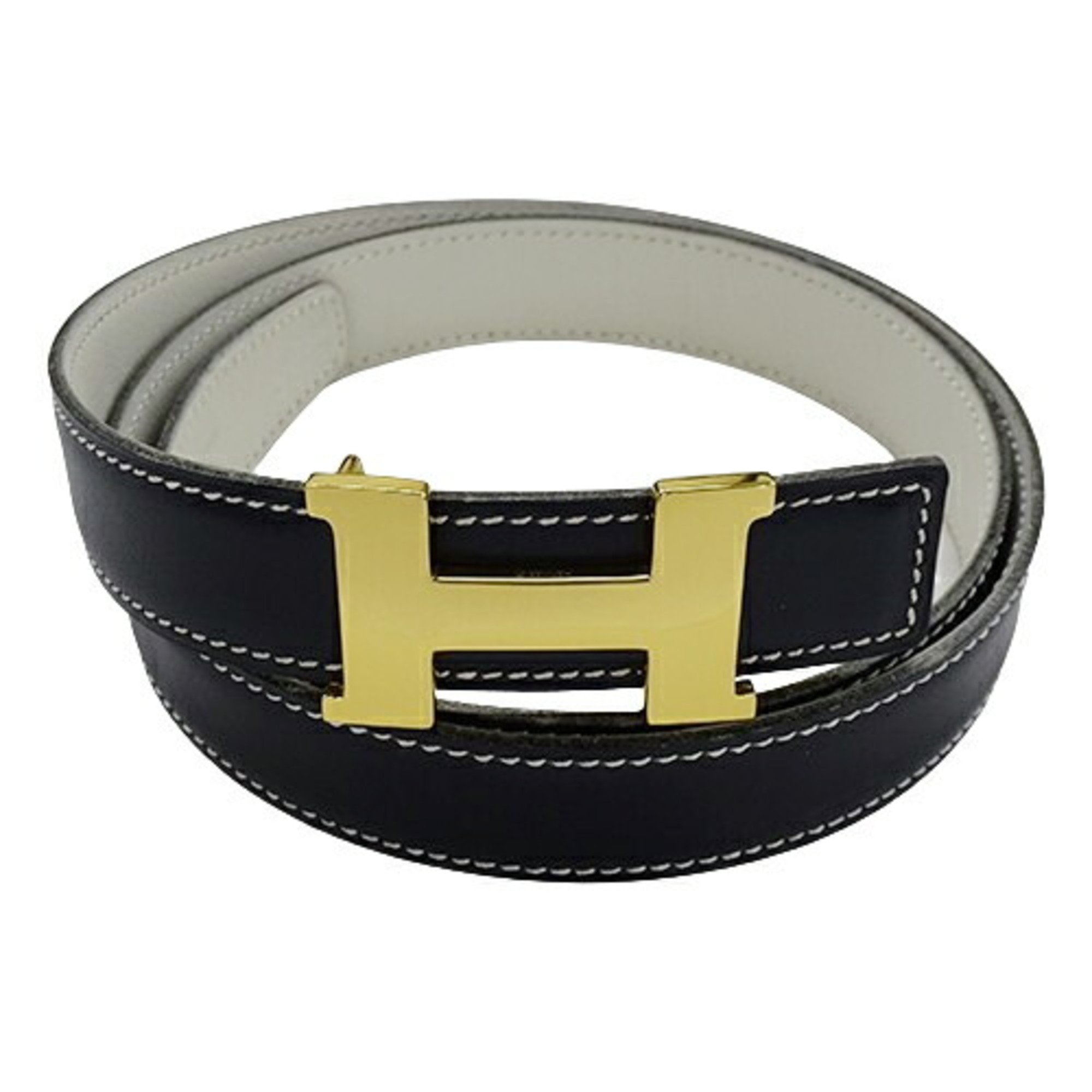 Hermes HERMES Belt Constance Women's Leather Navy White Size 80 □B Reversible H Buckle