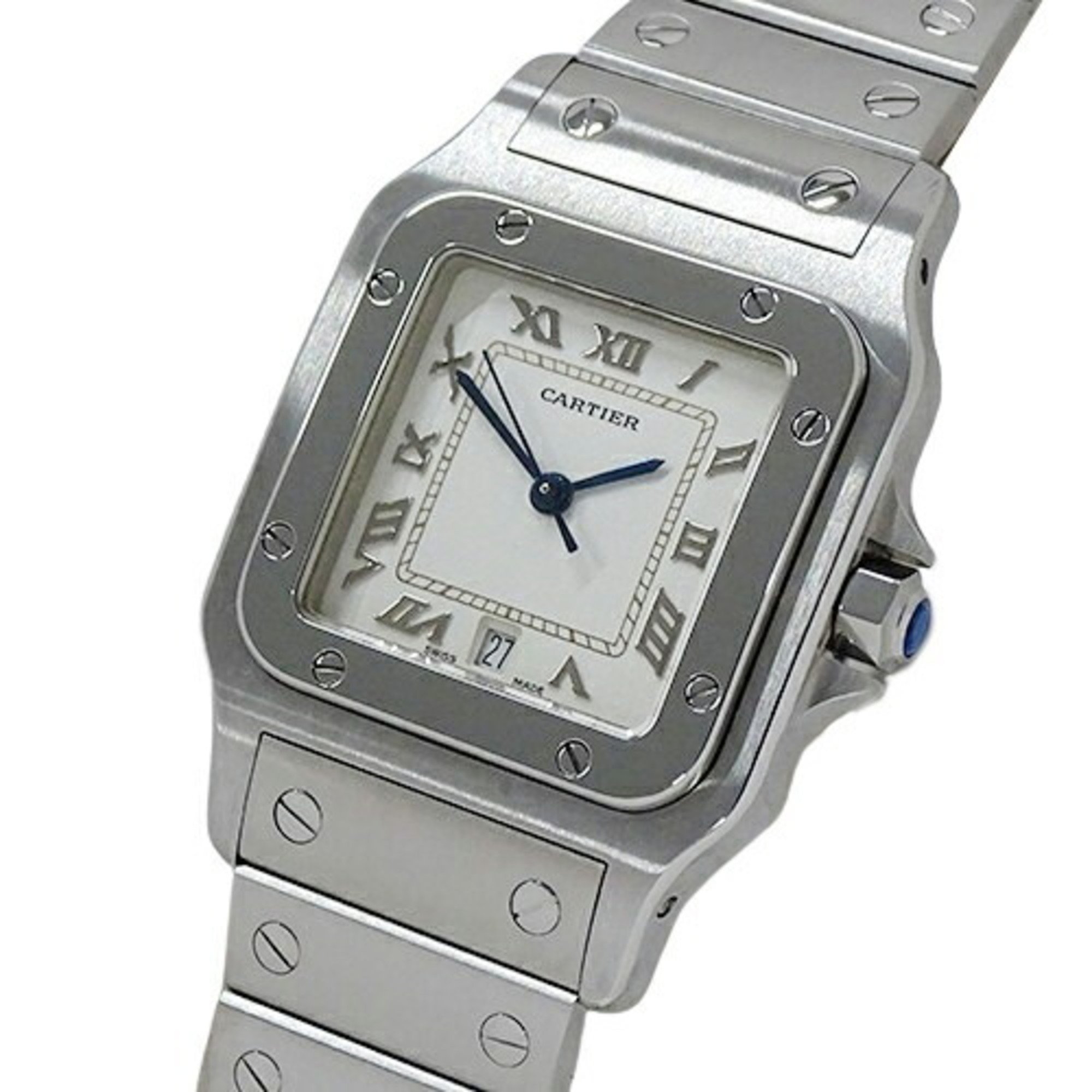 Cartier Men's Watch Santos Galbe LM Date Quartz Stainless Steel SS W20025D6 Silver White Polished