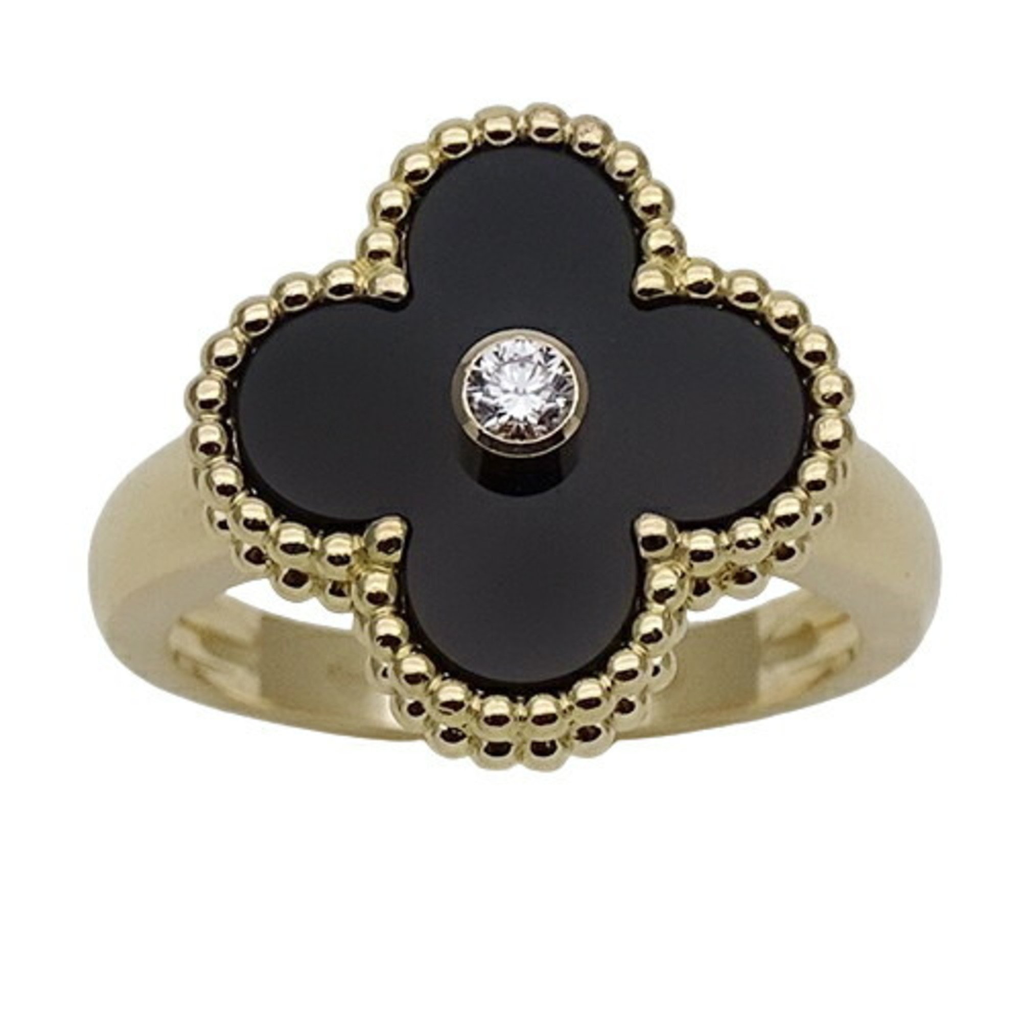 Van Cleef & Arpels Alhambra Ring for Women, 750YG, 1P Diamond, Onyx, Yellow Gold, #51, Approx. Size 11, Polished