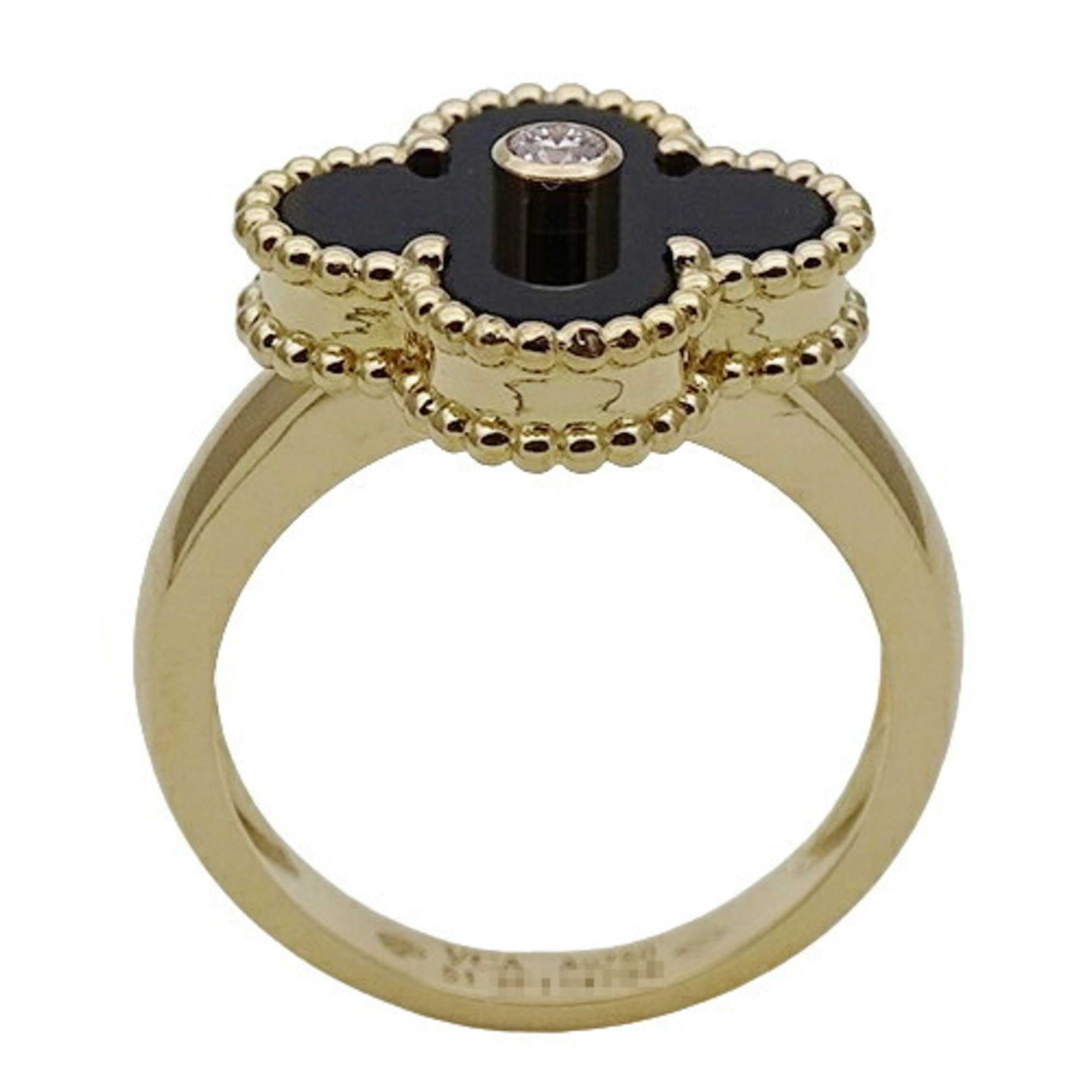 Van Cleef & Arpels Alhambra Ring for Women, 750YG, 1P Diamond, Onyx, Yellow Gold, #51, Approx. Size 11, Polished