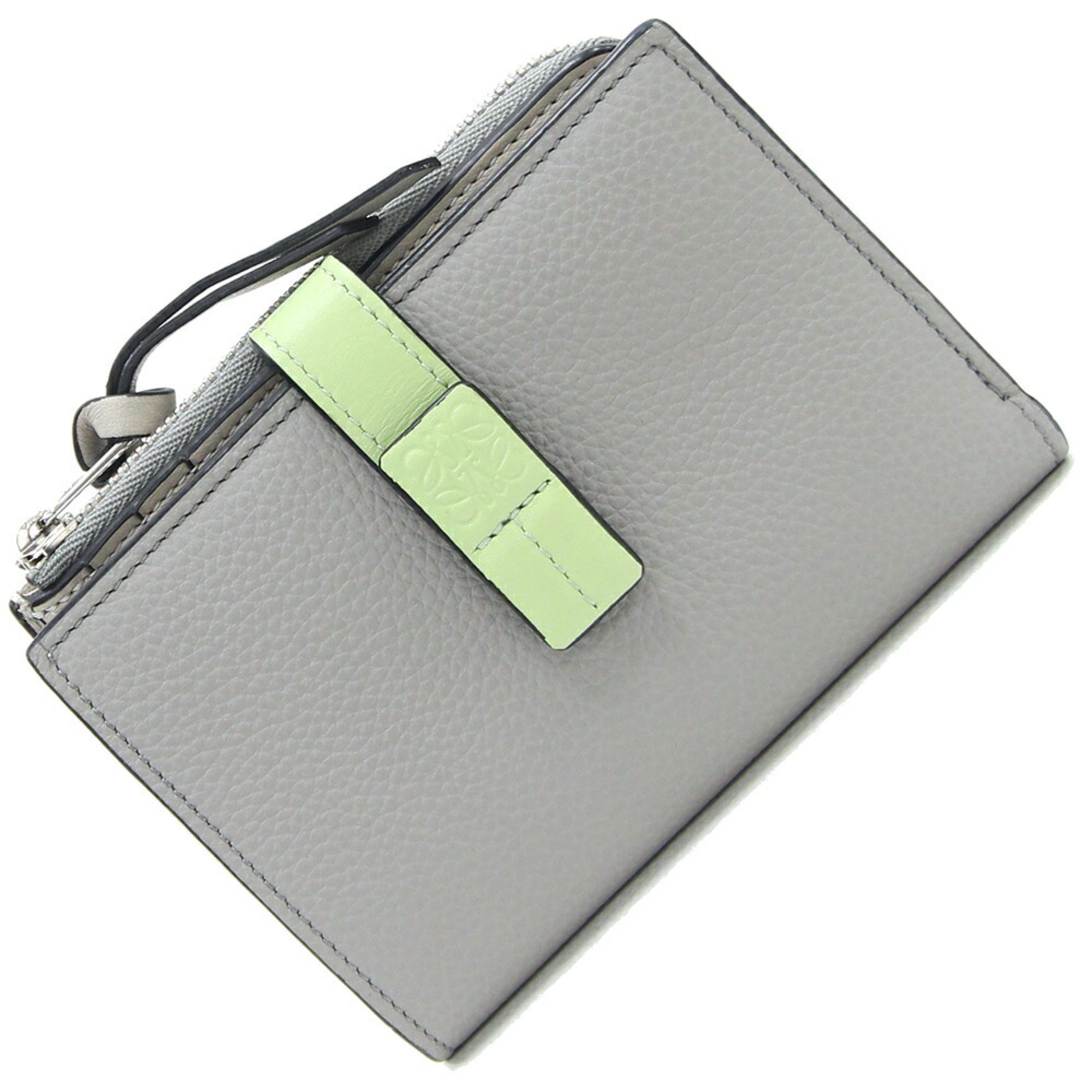 LOEWE Bi-fold Wallet Anagram Zip C660P30X02 Gray Lime Green Leather Compact Bi-color Women's