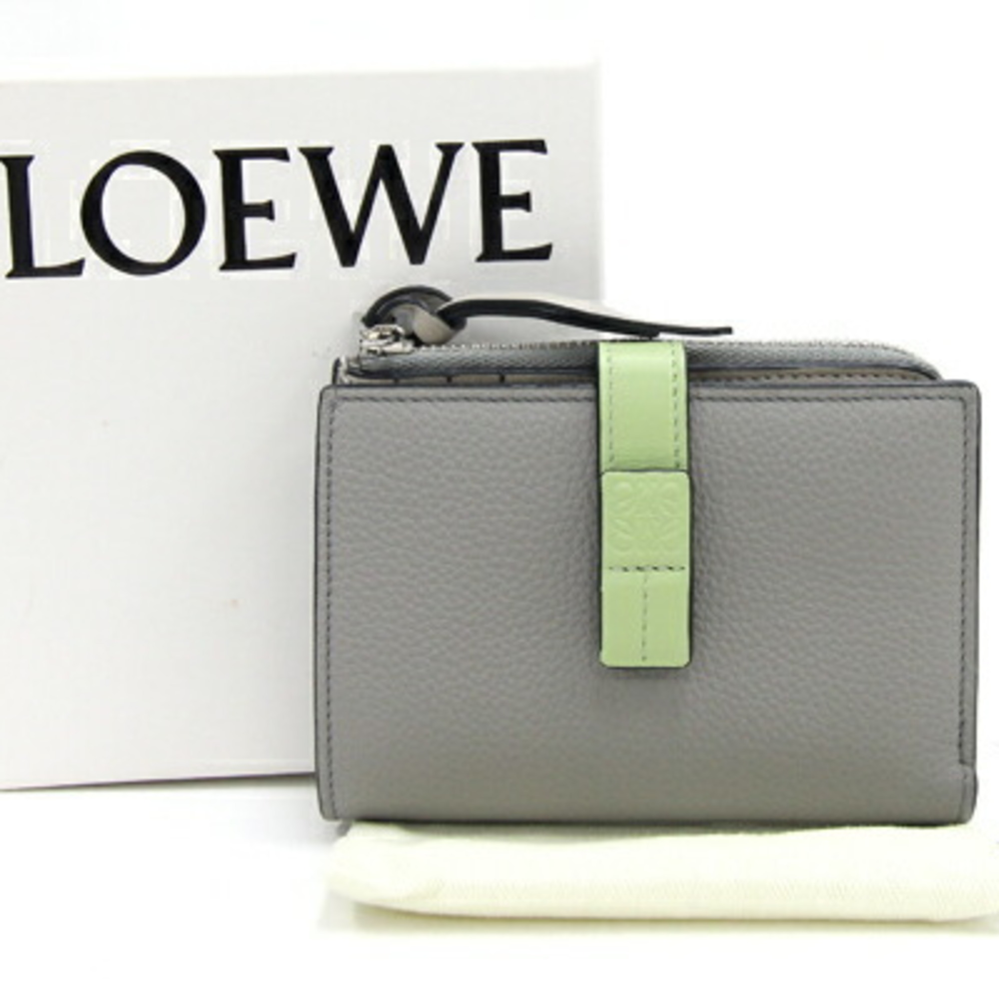 LOEWE Bi-fold Wallet Anagram Zip C660P30X02 Gray Lime Green Leather Compact Bi-color Women's