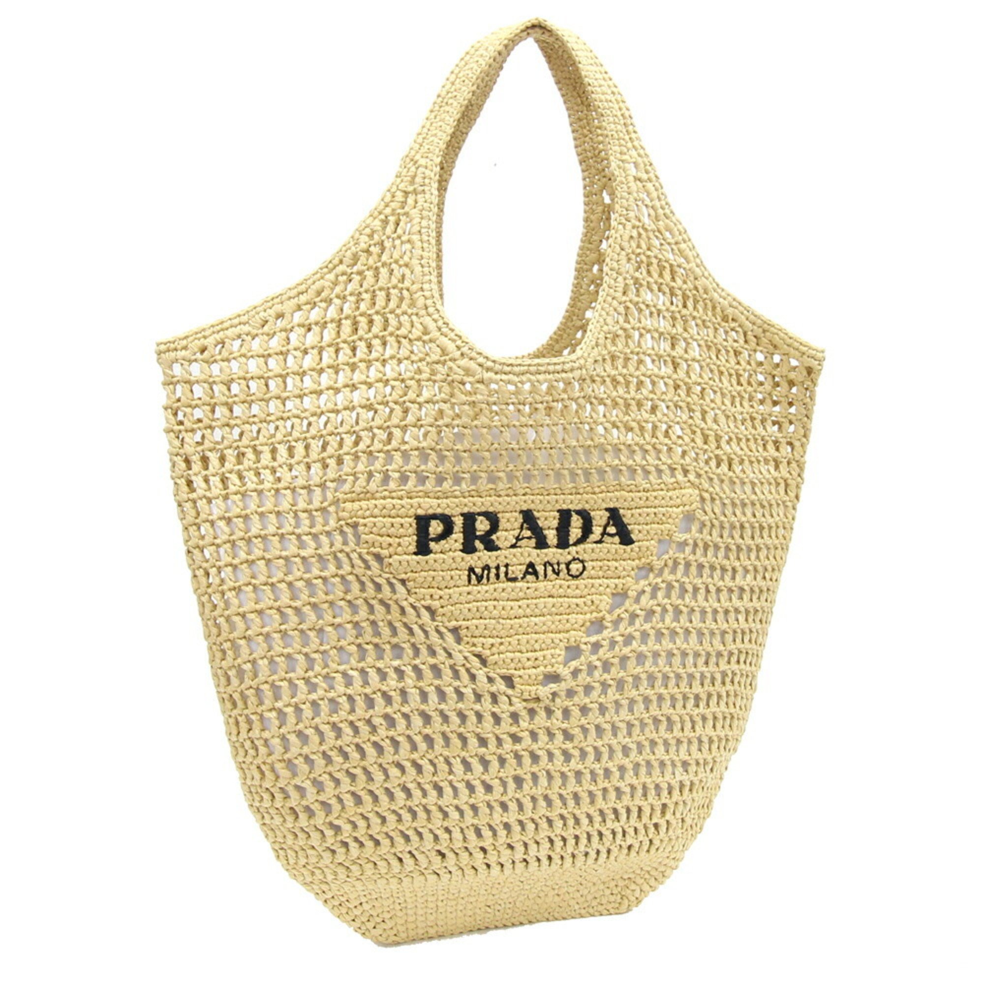 Prada Tote Bag Crochet 1BG424 Natural Raffia-Style Basket Embroidered Triangle Women's PRADA