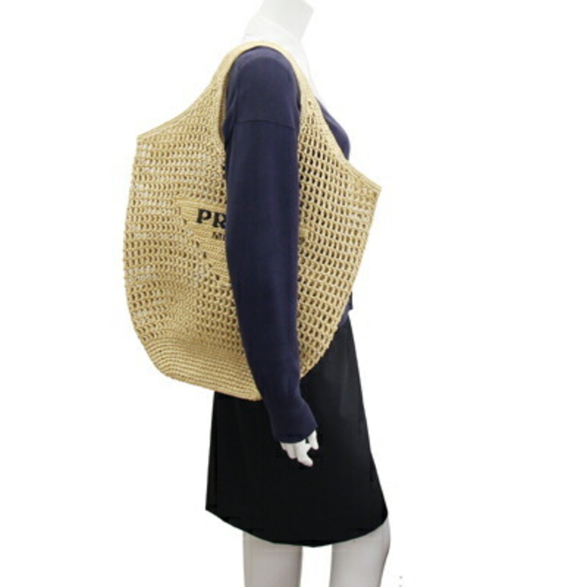 Prada Tote Bag Crochet 1BG424 Natural Raffia-Style Basket Embroidered Triangle Women's PRADA