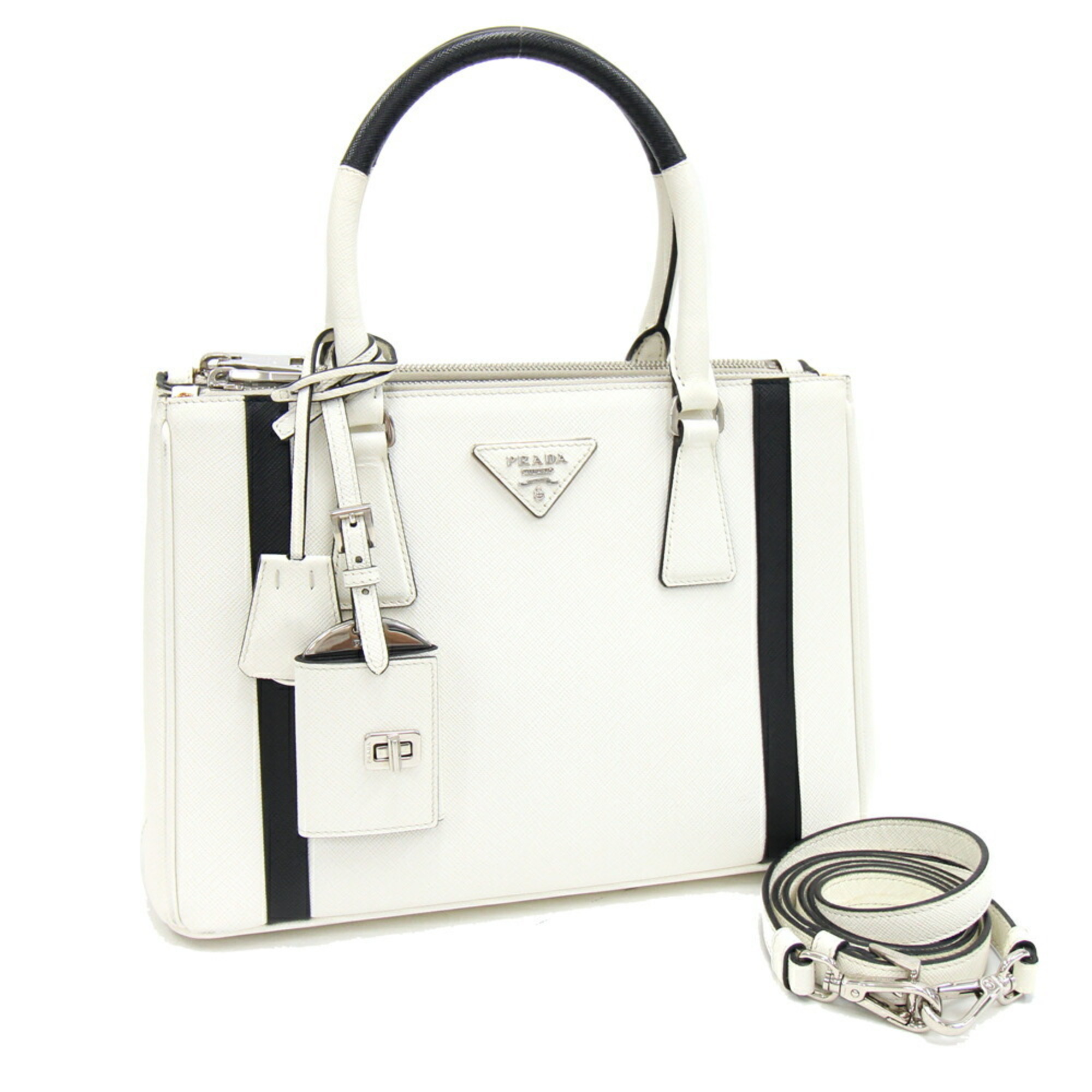 Prada Handbag Galli 1BA863 White Black Leather Shoulder Bag Women's PRADA