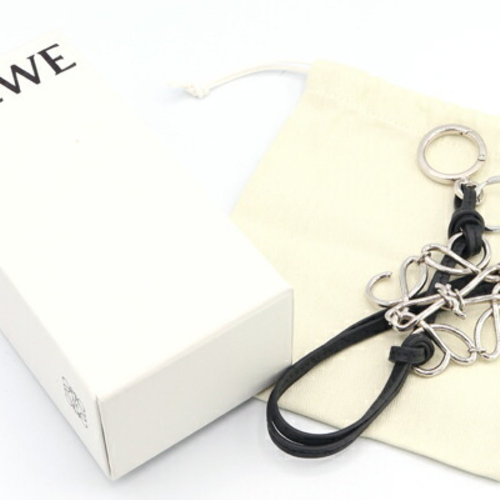 LOEWE Bag Charm Anagram C821232X02 Black Palladium Calfskin Metal Key Holder Ring Women's