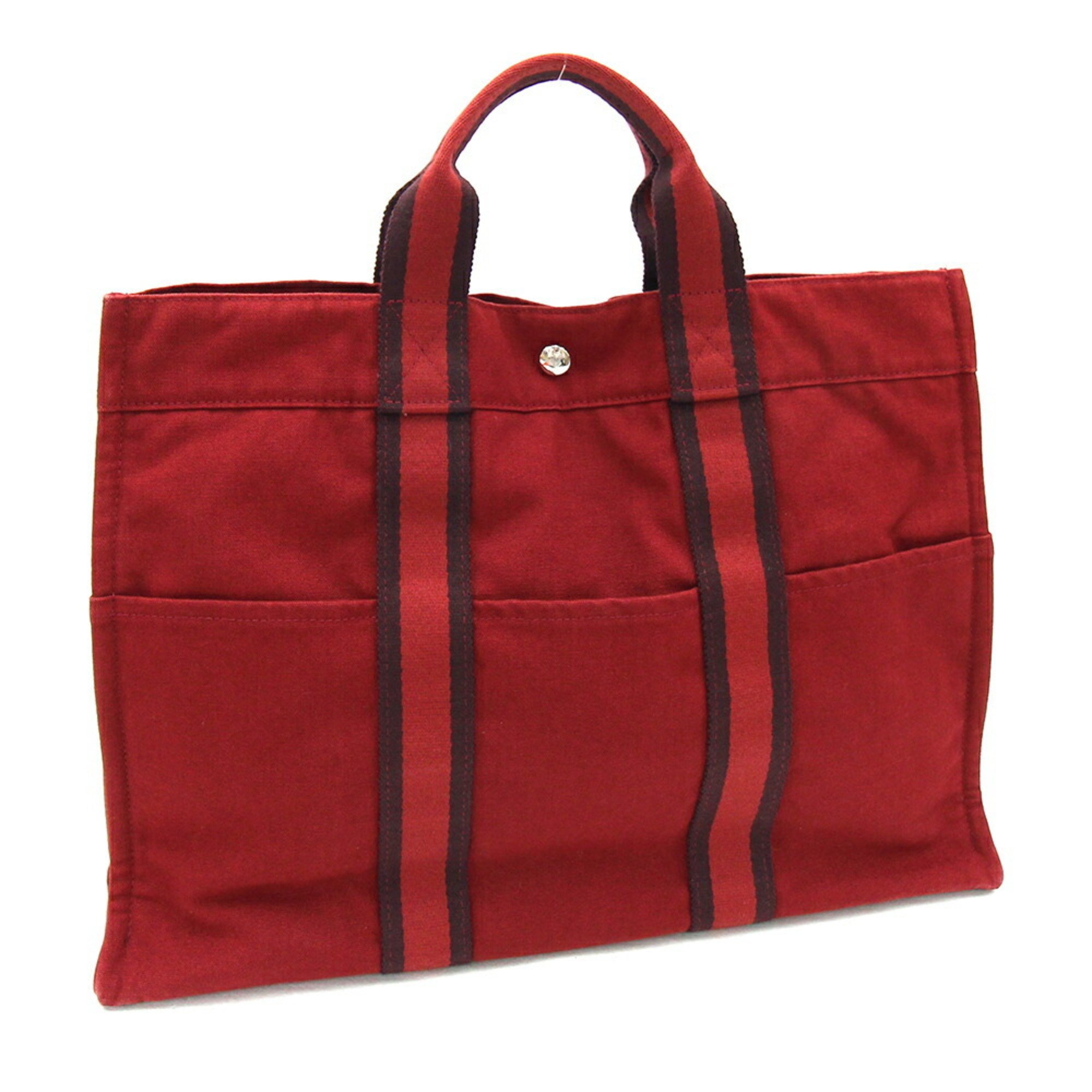 Hermes Handbag Foule Tote MM Bordeaux Cotton Canvas Men's Women's Bag Red HERMES