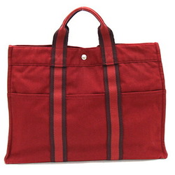 Hermes Handbag Foule Tote MM Bordeaux Cotton Canvas Men's Women's Bag Red HERMES