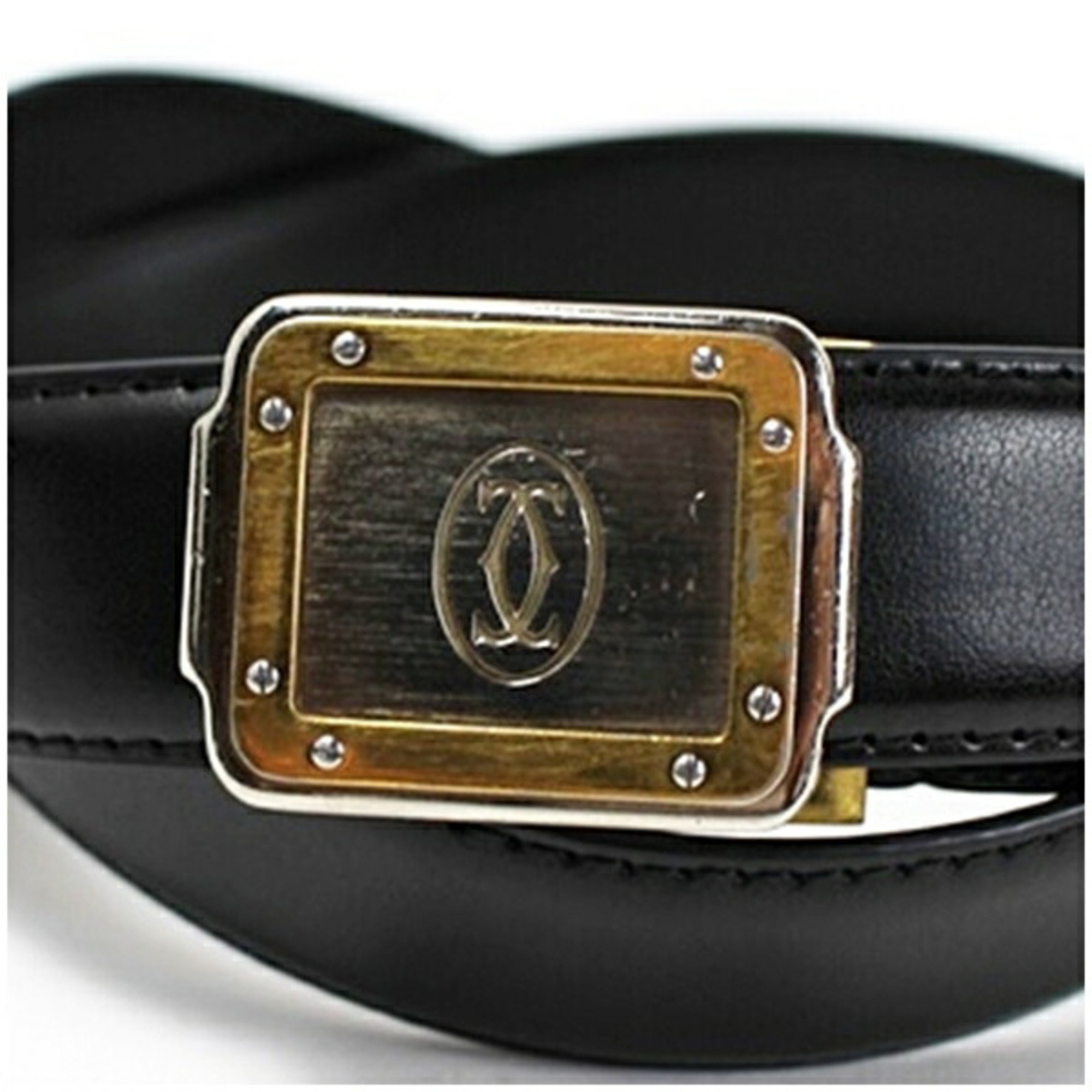 Cartier Leather Belt Santos Square Buckle Black Total Length 103cm Waist 83-93cm (5 Levels of Adjustment) Men's Silver x