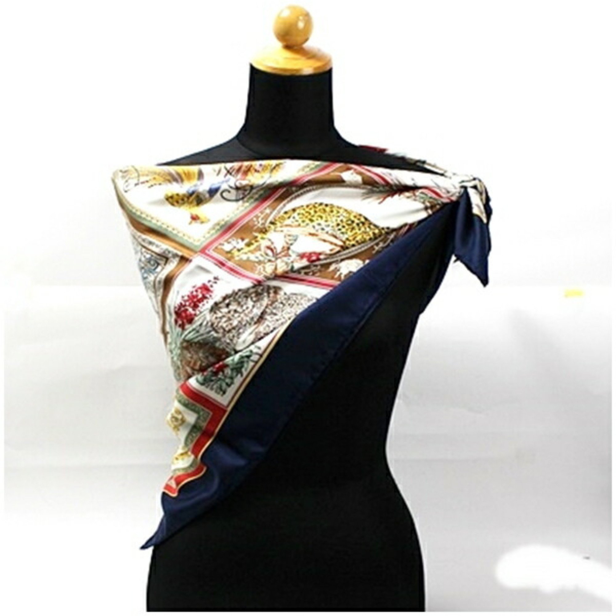 Salvatore Ferragamo Silk Scarf Muffler Bird/Animal Pattern Off-White x Navy Women's