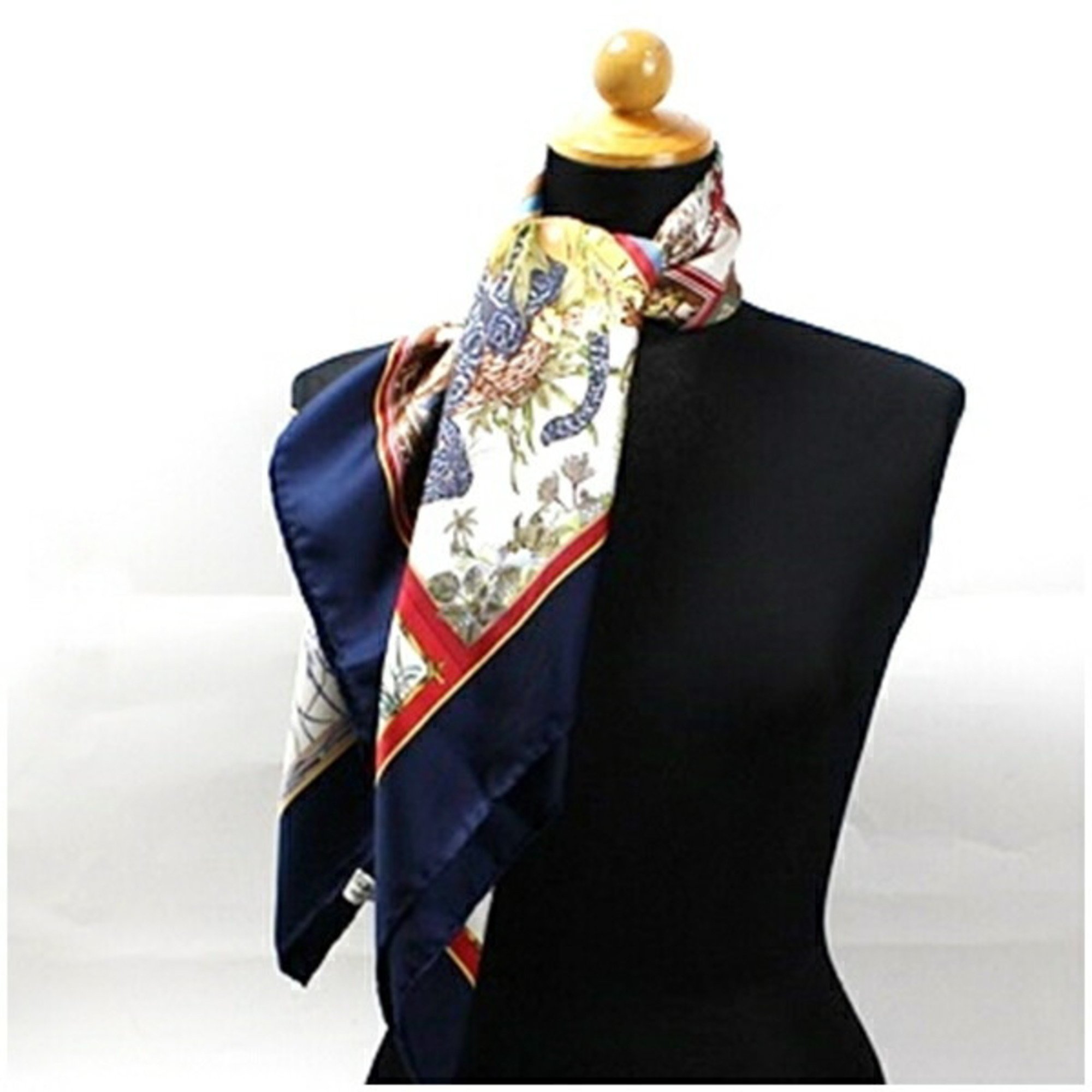 Salvatore Ferragamo Silk Scarf Muffler Bird/Animal Pattern Off-White x Navy Women's