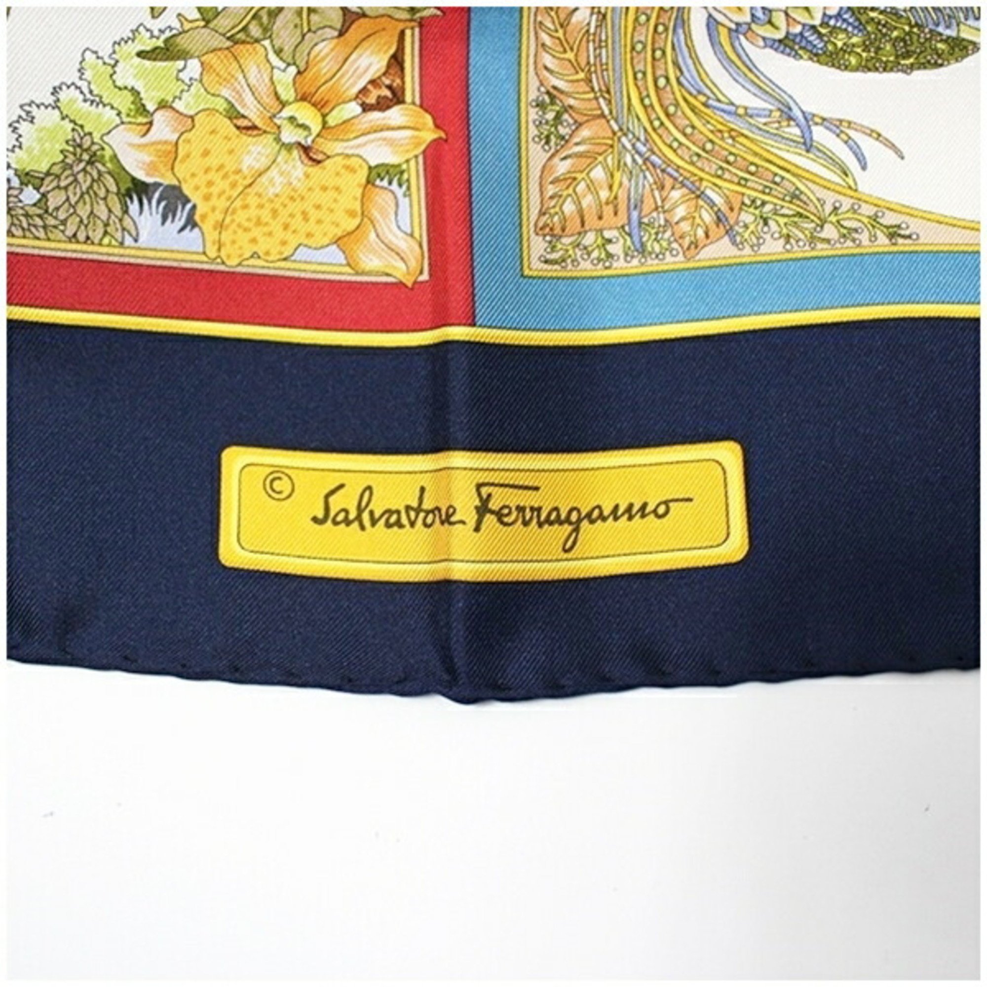 Salvatore Ferragamo Silk Scarf Muffler Bird/Animal Pattern Off-White x Navy Women's