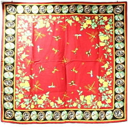 Christian Dior Silk Scarf Muffler Red x Black Flower and Bird Pattern Women's