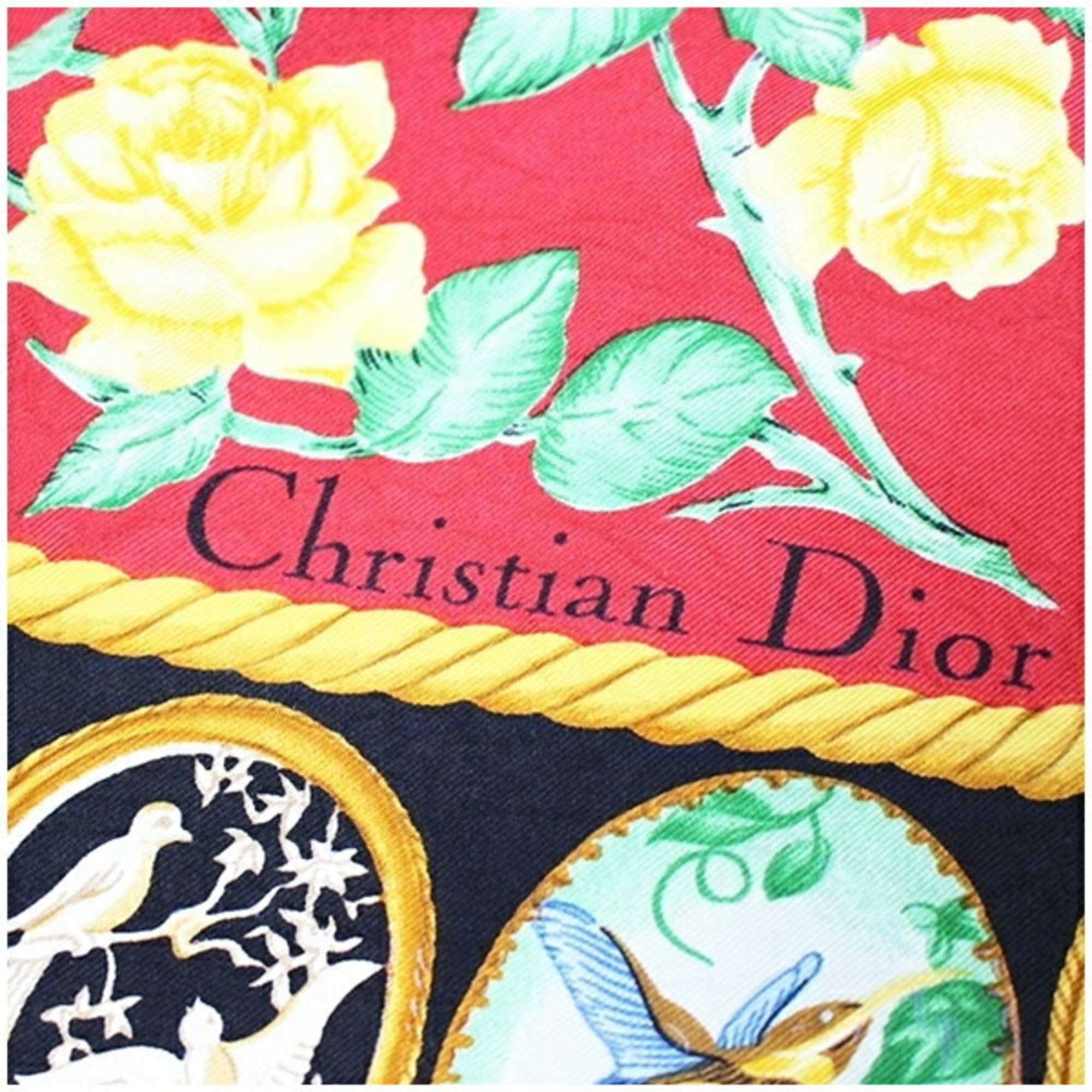 Christian Dior Silk Scarf Muffler Red x Black Flower and Bird Pattern Women's