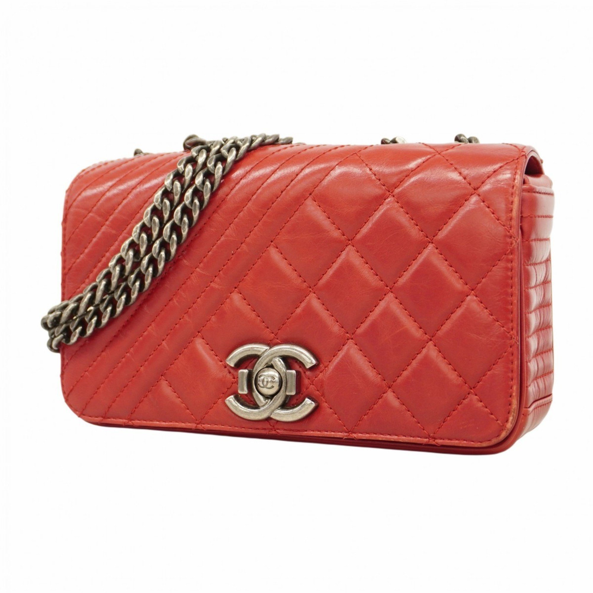 Chanel Shoulder Bag Matelasse Calfskin Red Women's