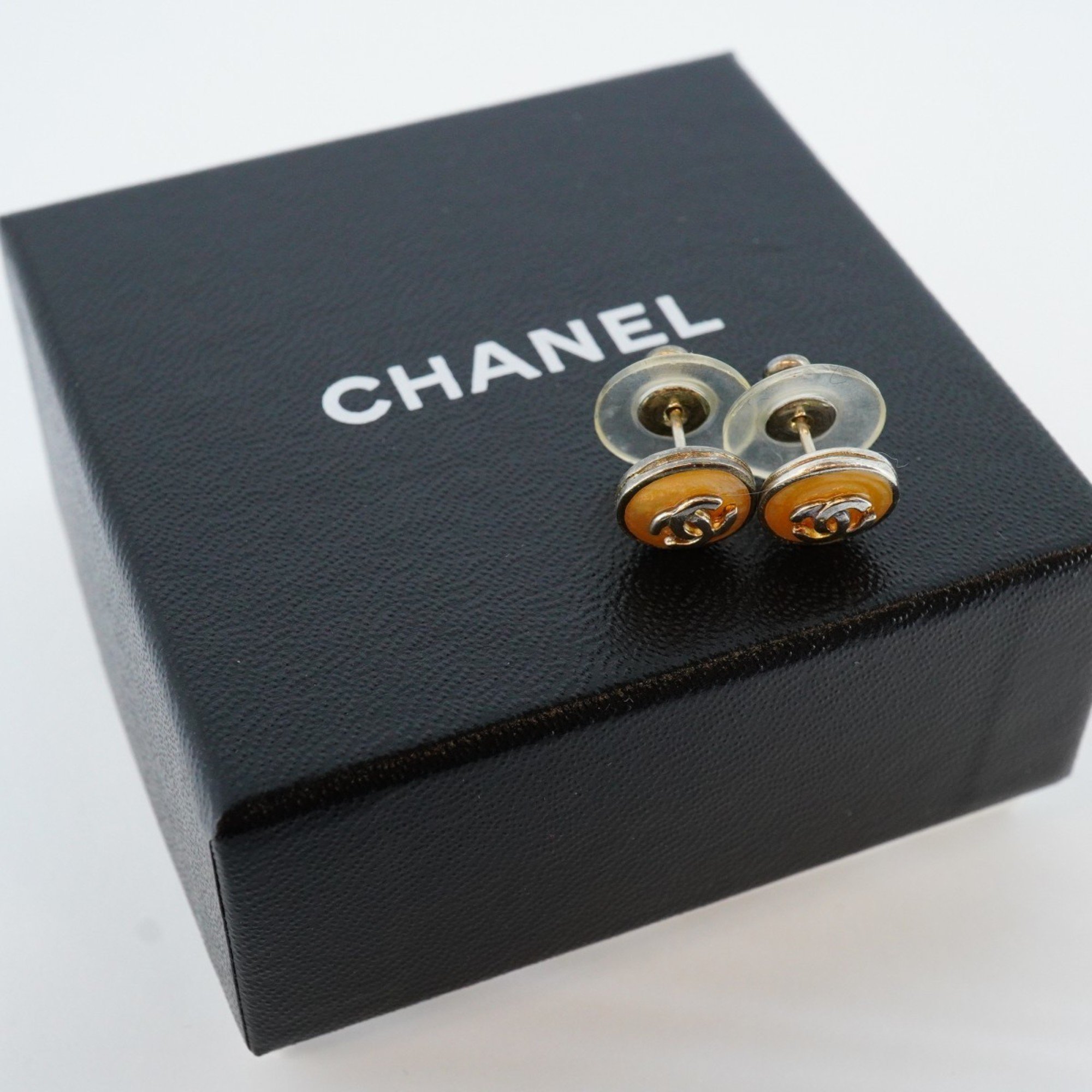 Chanel earrings Coco mark circle metal silver beige ladies