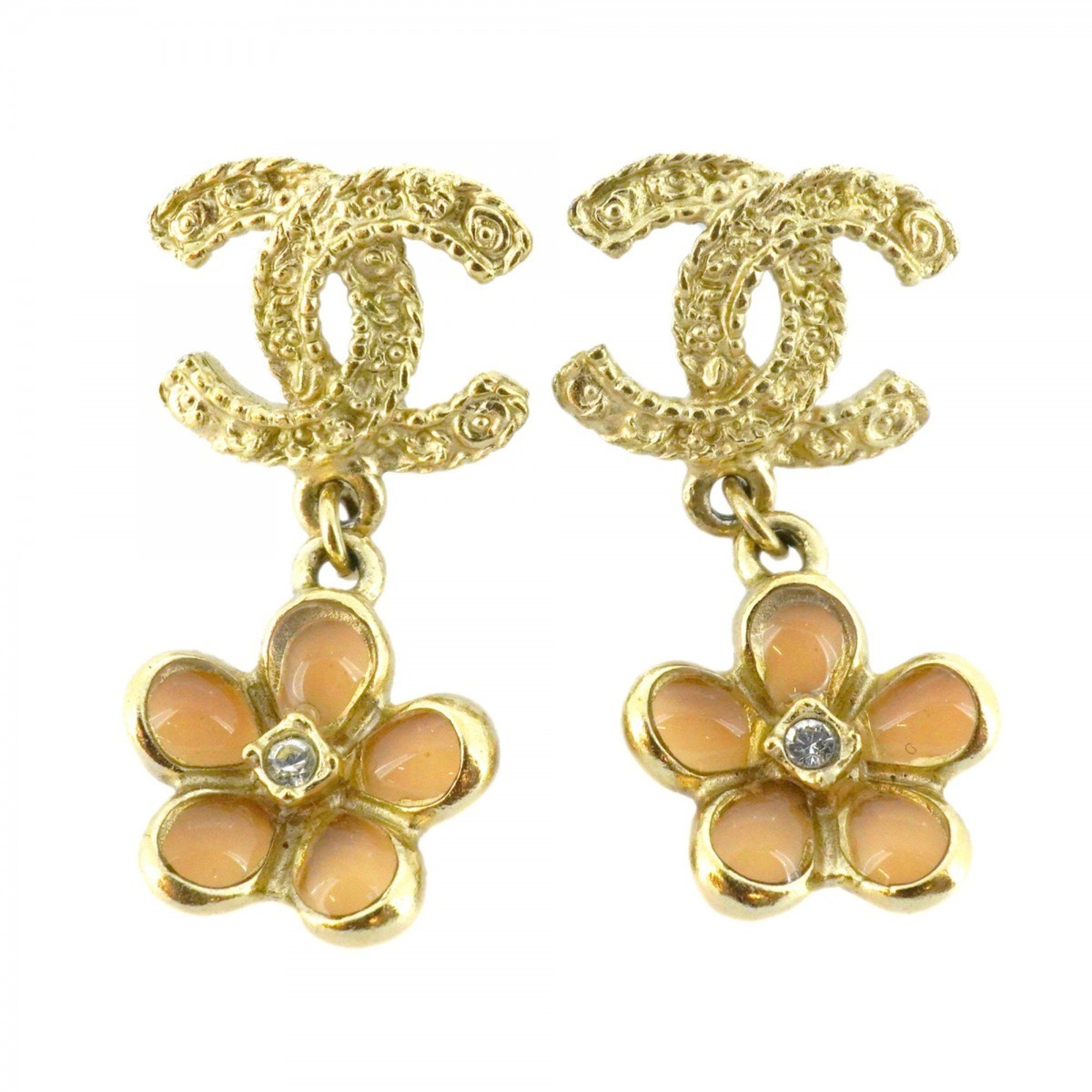 Chanel earrings with Coco mark, heart motif, rhinestones, GP plating, champagne gold, pink, ladies