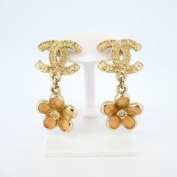 Chanel earrings with Coco mark, heart motif, rhinestones, GP plating, champagne gold, pink, ladies