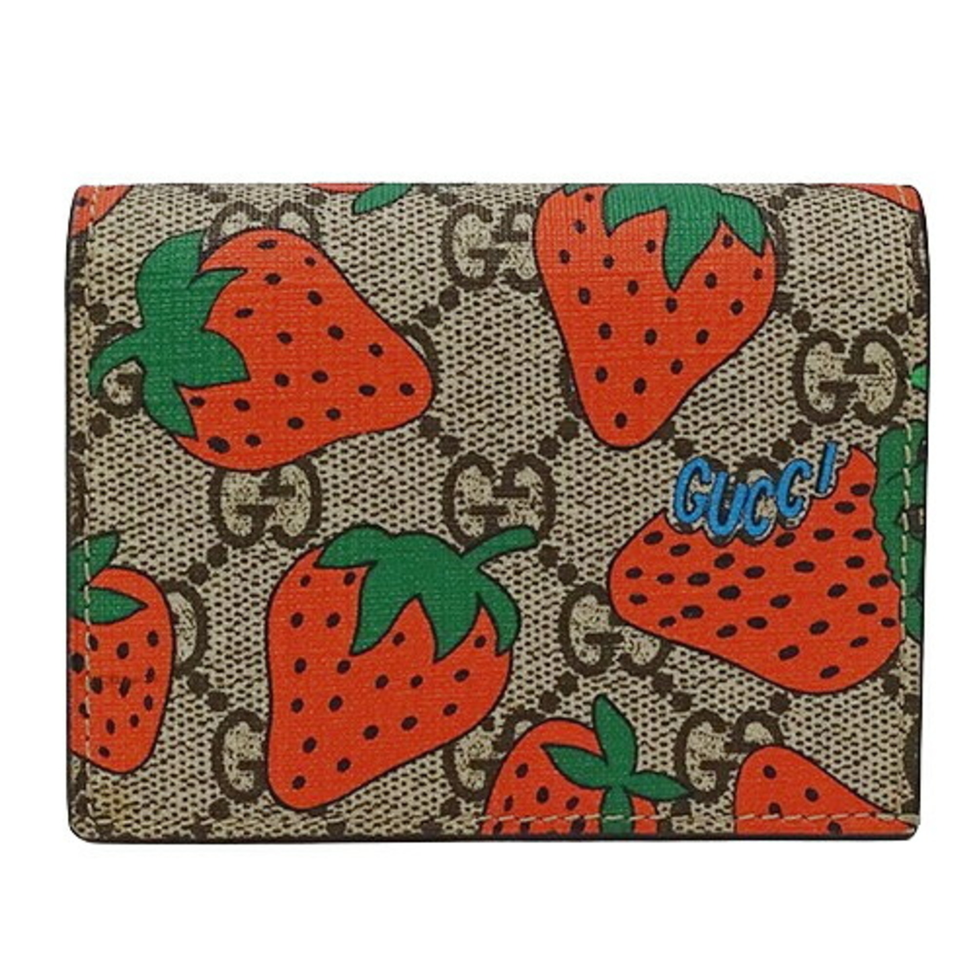 Gucci Women's Wallet Bi-fold GG Supreme Strawberry Print Brown Beige Red 573839 Compact