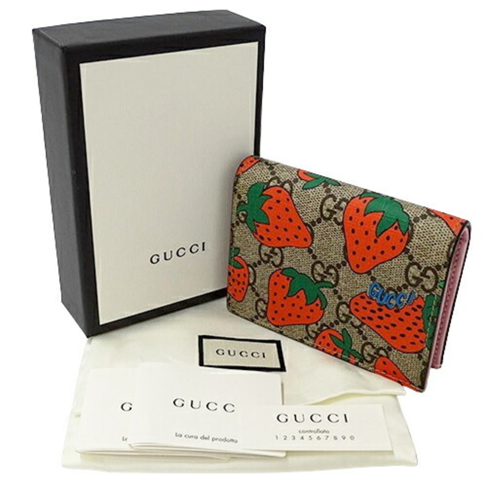 Gucci Women's Wallet Bi-fold GG Supreme Strawberry Print Brown Beige Red 573839 Compact