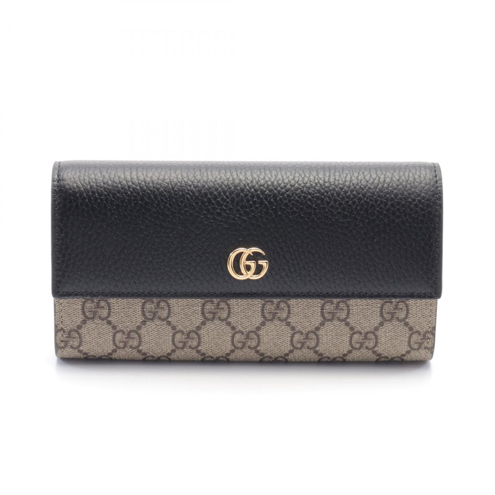 Gucci Petit Marmont GG Supreme Continental Wallet, Bi-fold Long Coated Canvas, Leather, Women's, Beige, Brown, Black, 456116 17WAG 1283