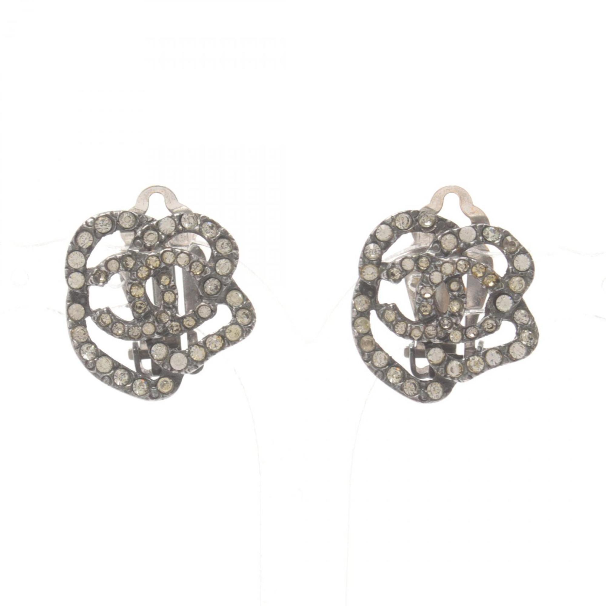 CHANEL Coco Mark Earrings Stainless Steel Rhinestones Women's Grey Clear