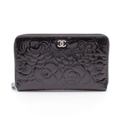 CHANEL Coco Mark Camellia Round Long Wallet Patent Leather Women's Brown