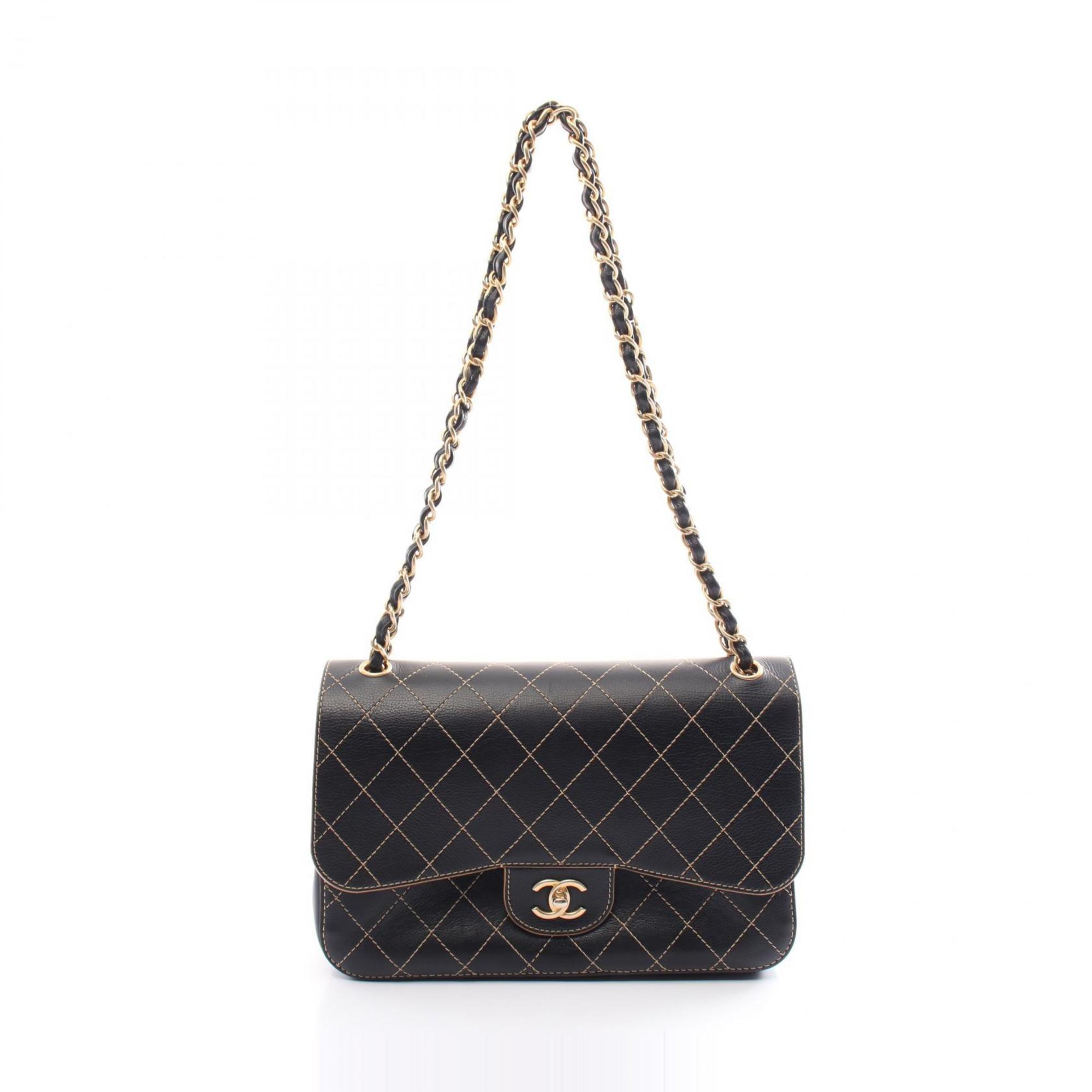 CHANEL Classic Large W-Flap Shoulder Bag Leather Women's Black