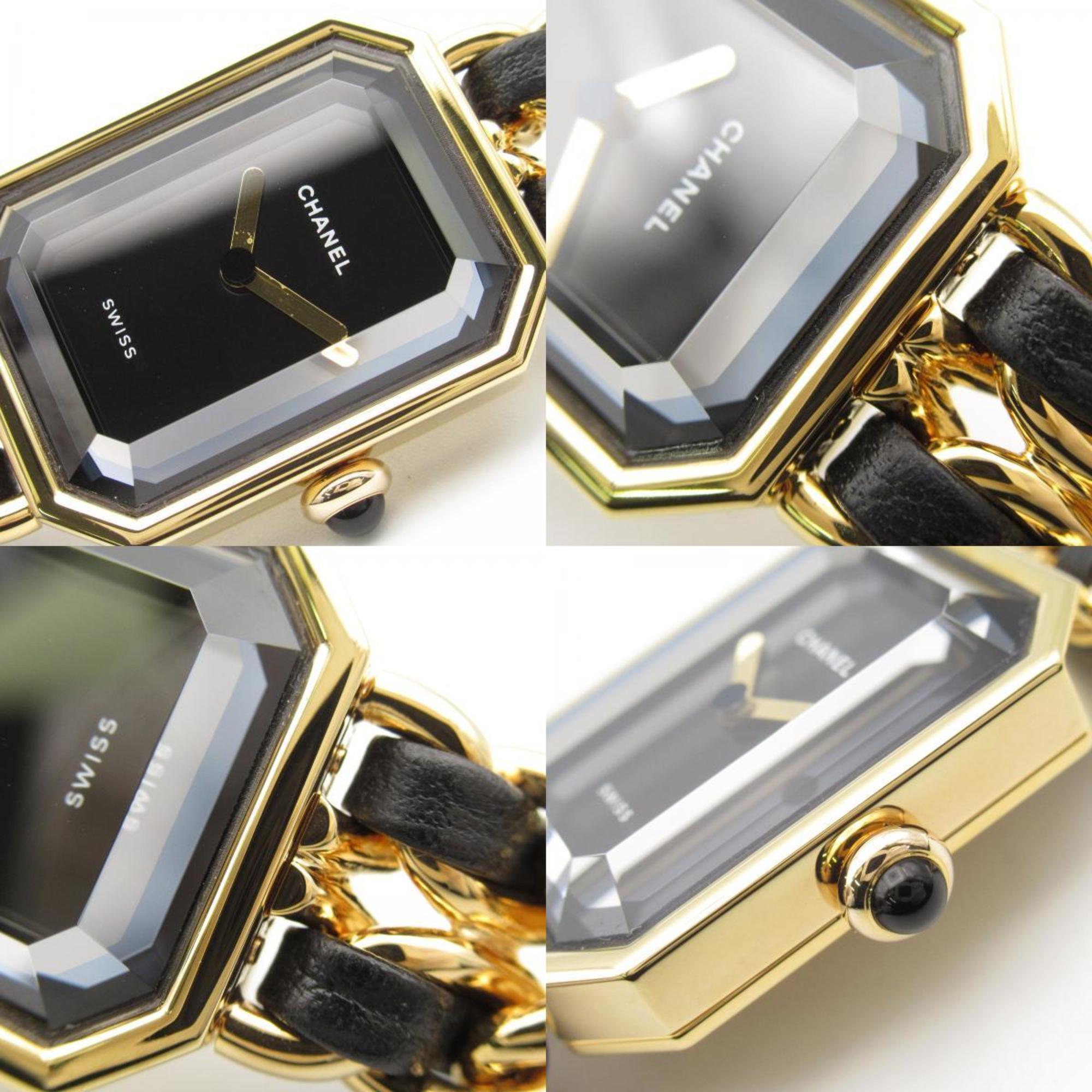 CHANEL Premiere M Watch GP (Gold Plated) Leather Strap Women's Black H0001