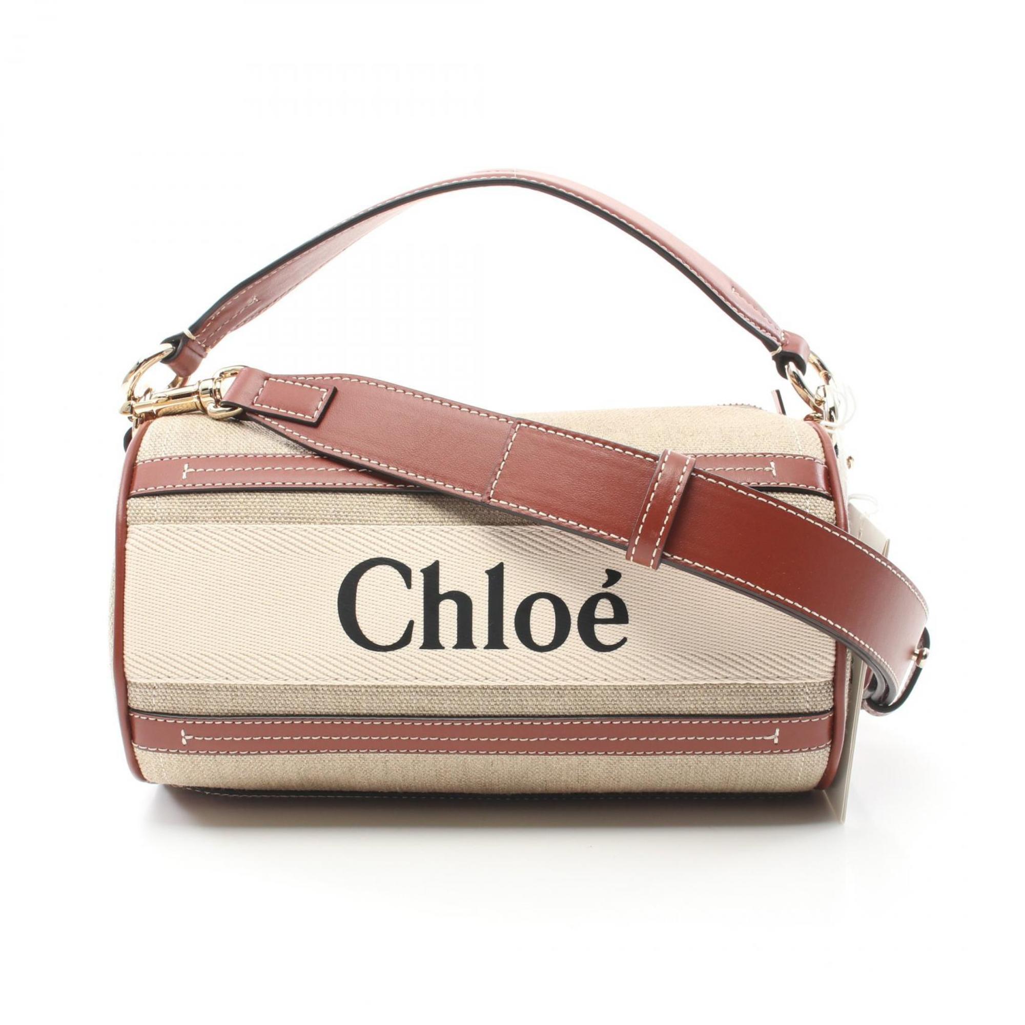 Chloé Chloe Woody Handbag Bag Fabric Leather Women's Beige Brown White CHC24AS682I2690U