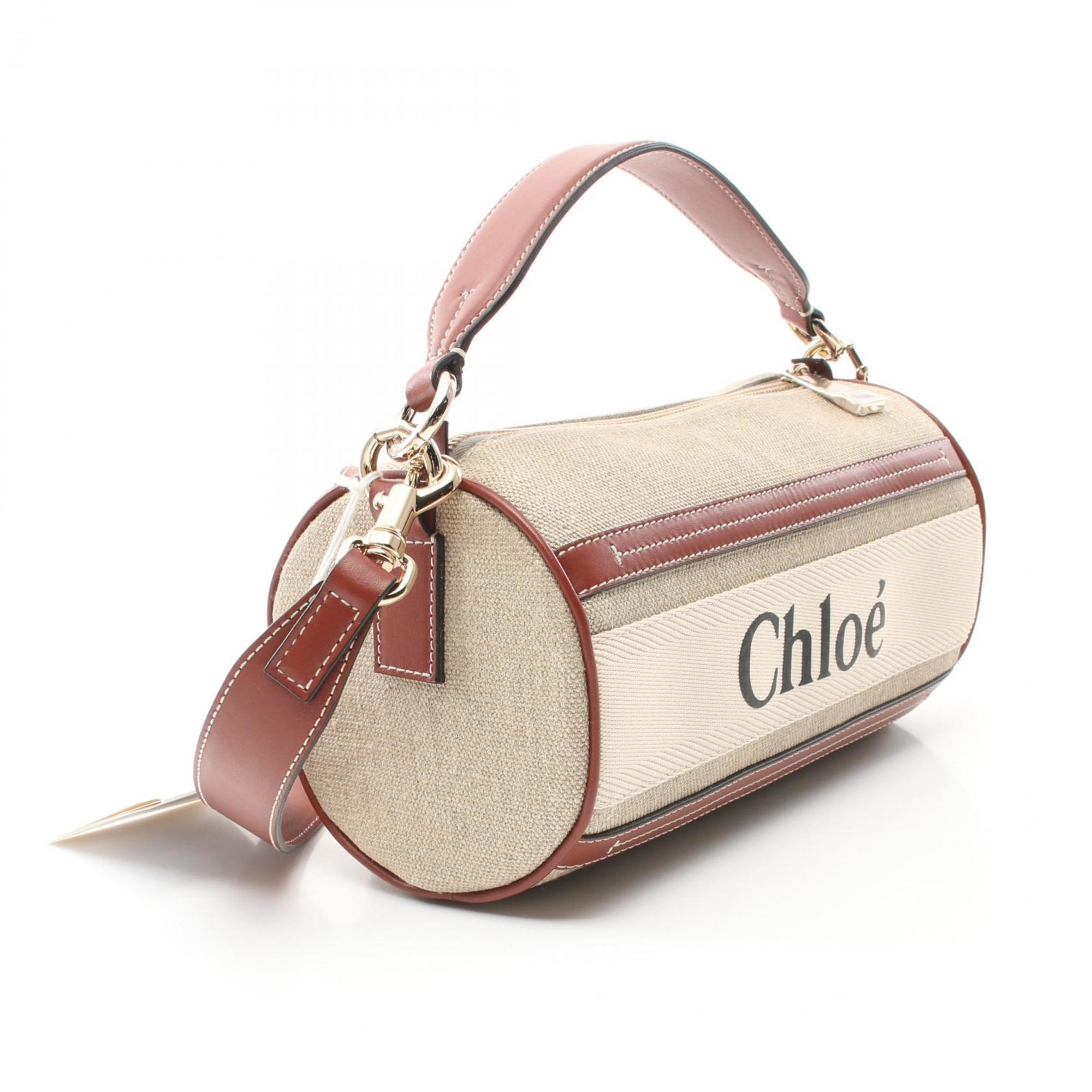 Chloé Chloe Woody Handbag Bag Fabric Leather Women's Beige Brown White CHC24AS682I2690U