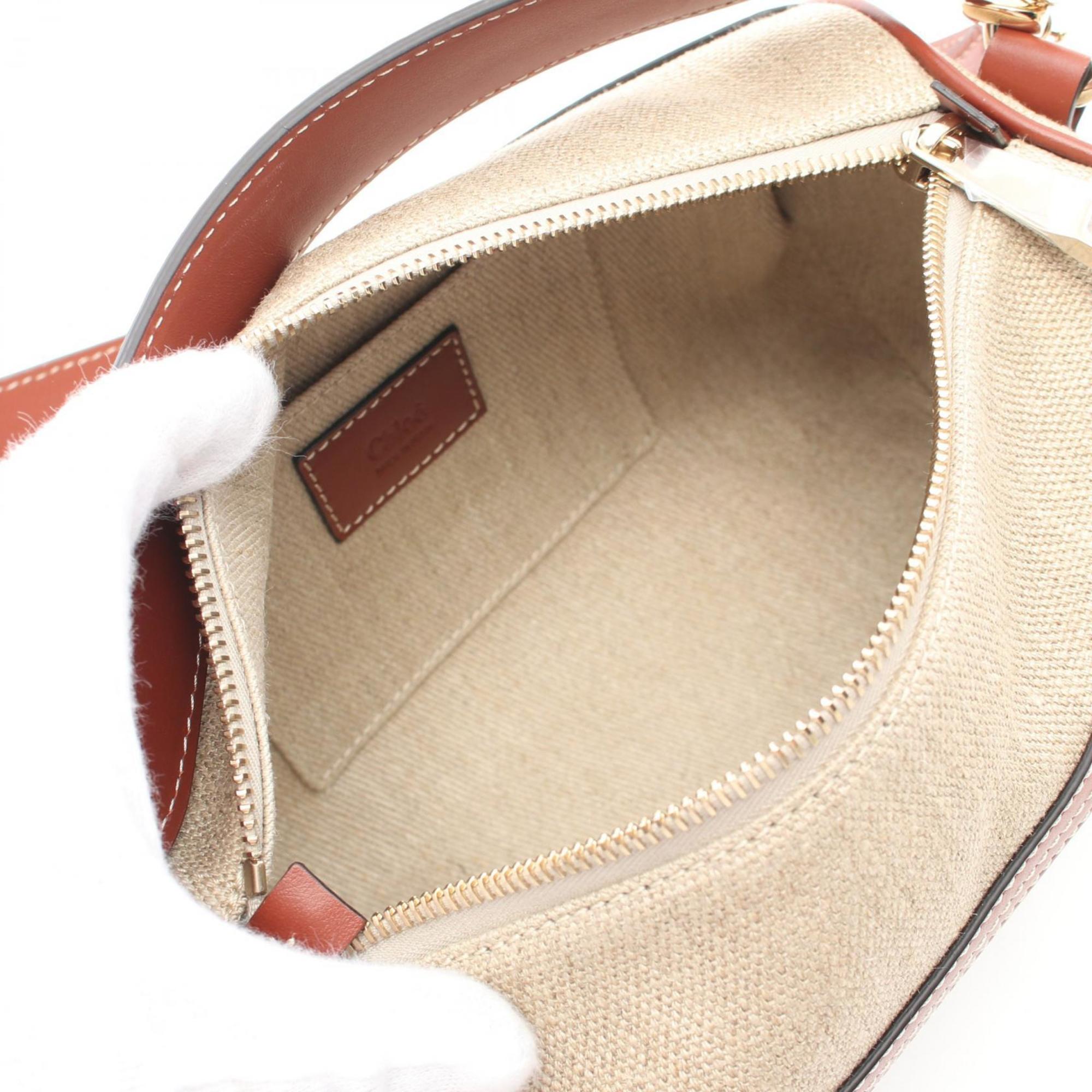 Chloé Chloe Woody Handbag Bag Fabric Leather Women's Beige Brown White CHC24AS682I2690U