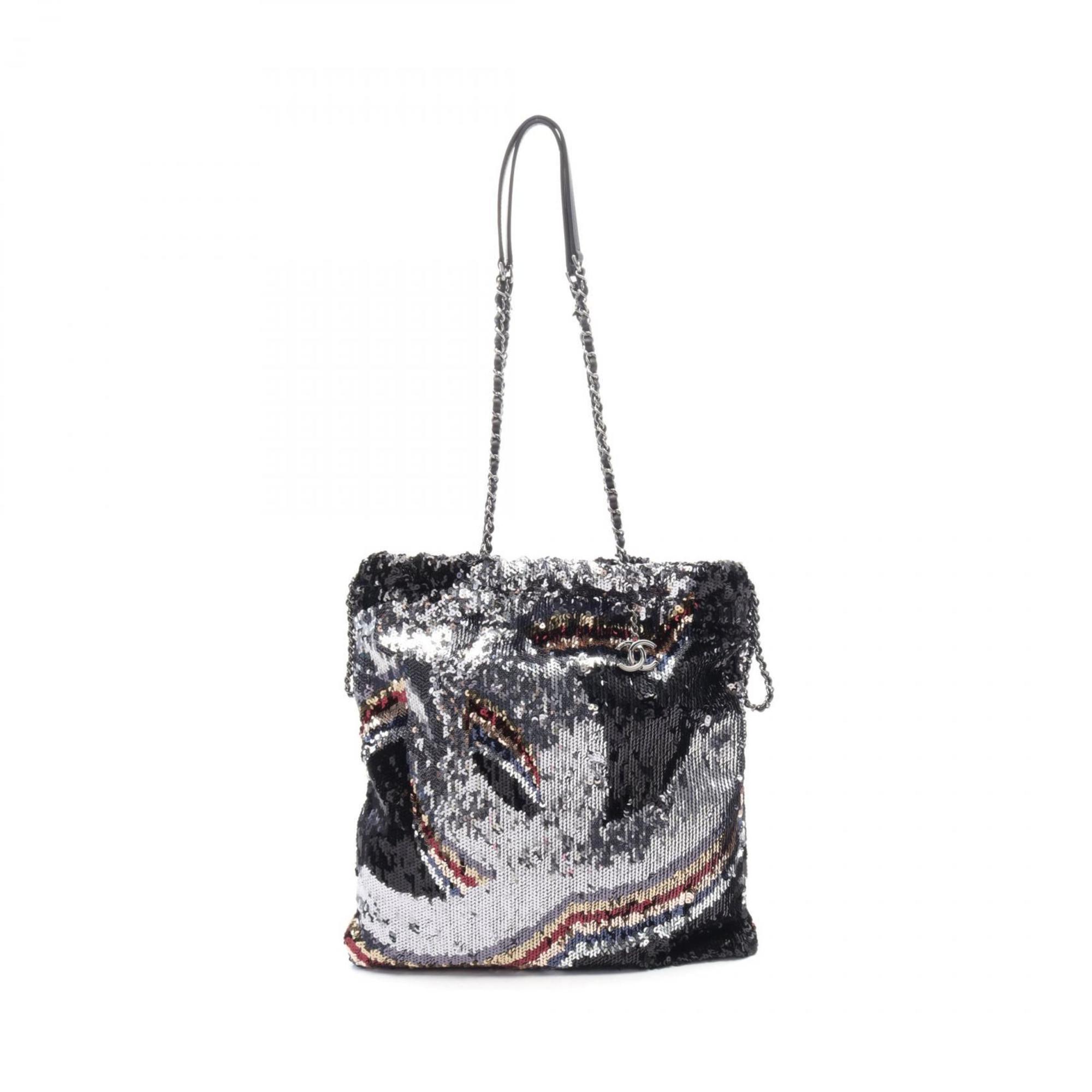 CHANEL Coco Mark Tote Bag Leather Sequins Women's Black Silver Multicolor