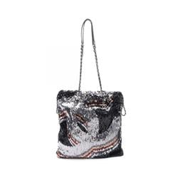 CHANEL Coco Mark Tote Bag Leather Sequins Women's Black Silver Multicolor