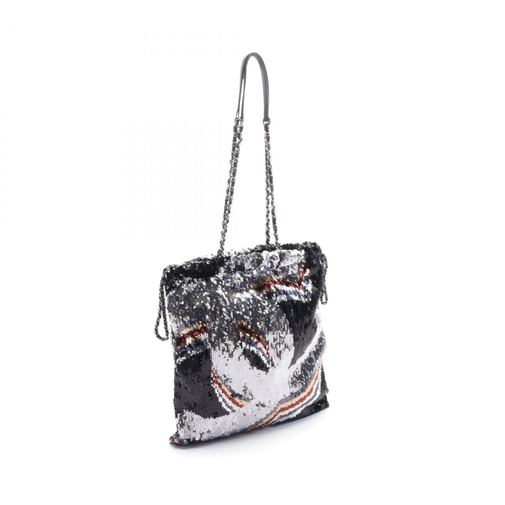 CHANEL Coco Mark Tote Bag Leather Sequins Women's Black Silver Multicolor