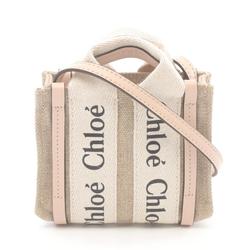 Chloé Chloe WOODY NANO Shoulder Bag Canvas Leather Women's Beige Pink CHC22AP235I266J5