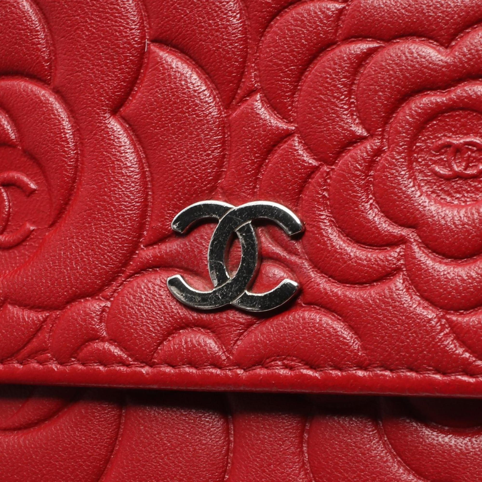 CHANEL Camellia Shoulder Bag, Lambskin, Women's, Red, 7421