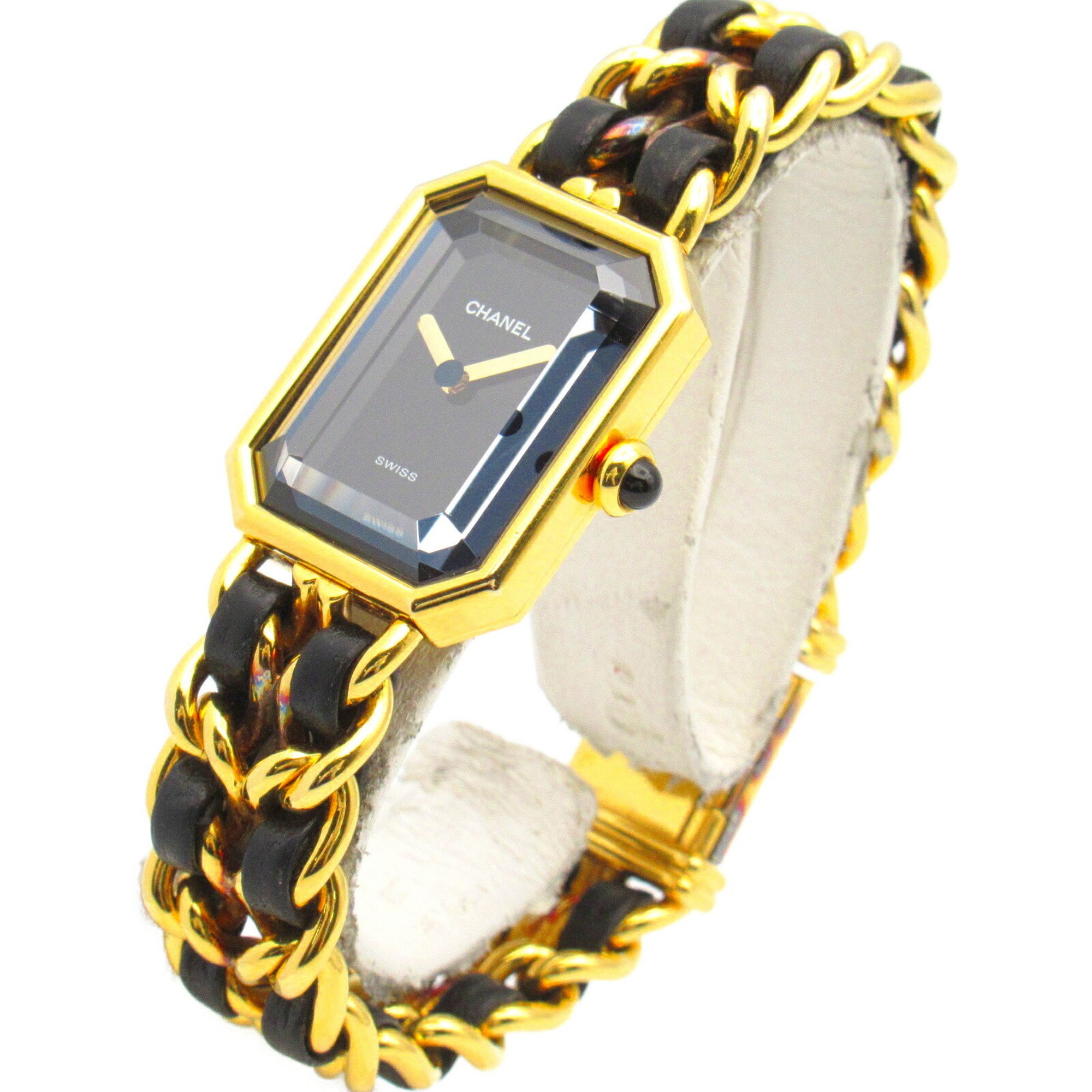 CHANEL Premiere M Watch GP (Gold Plated) Leather Strap Women's Black H0001