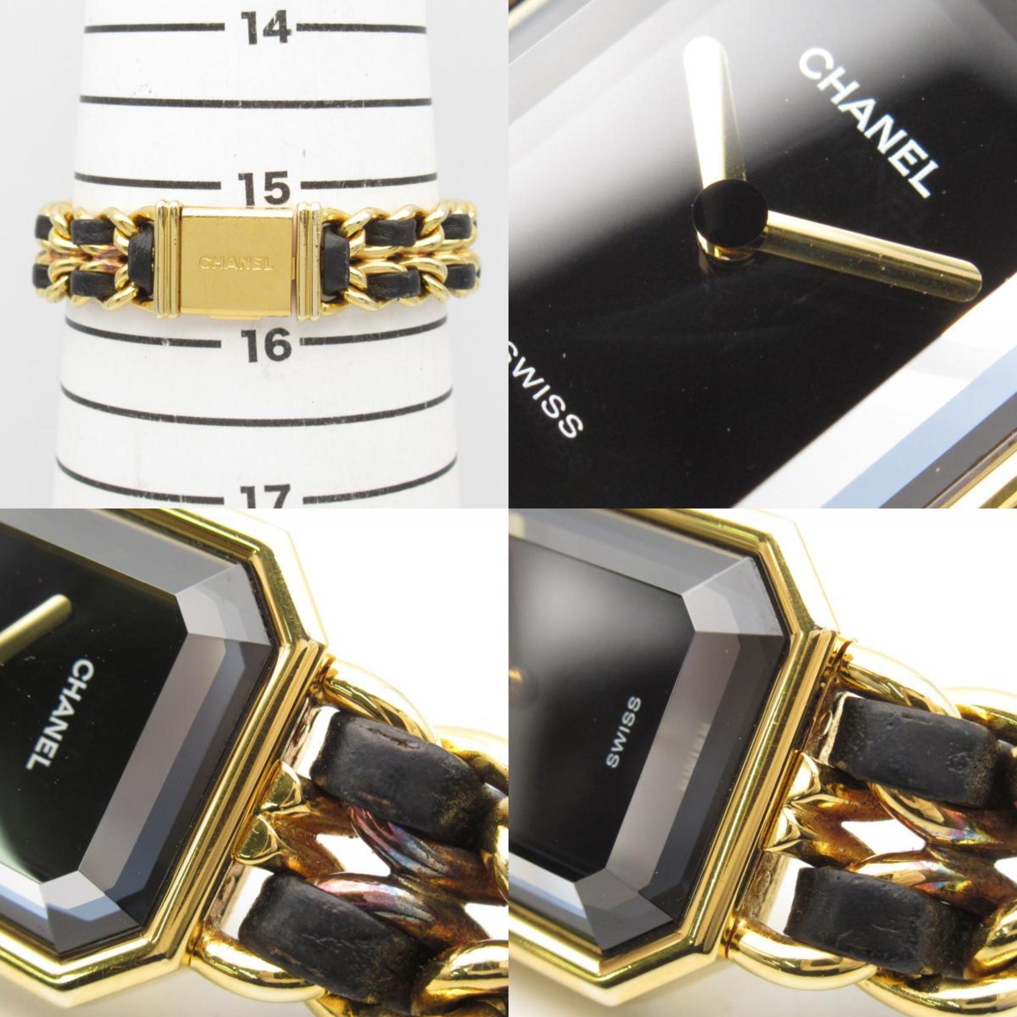 CHANEL Premiere M Watch GP (Gold Plated) Leather Strap Women's Black H0001