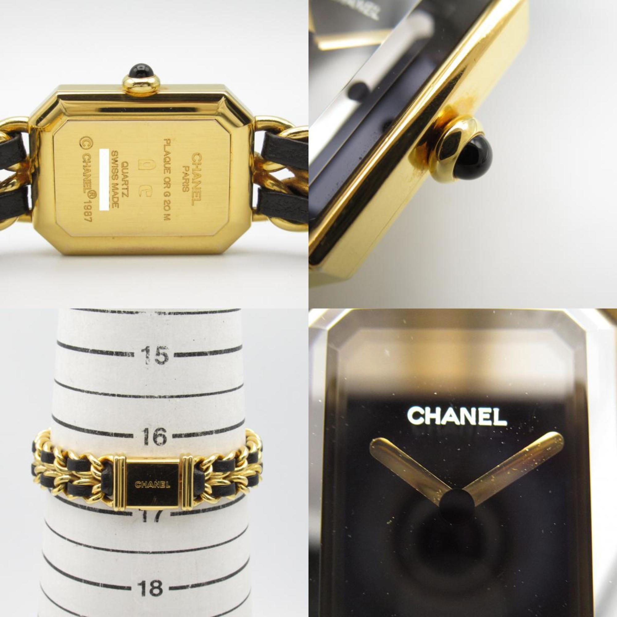 CHANEL Premiere L Watch GP (Gold Plated) Leather Strap Women's Black H0001