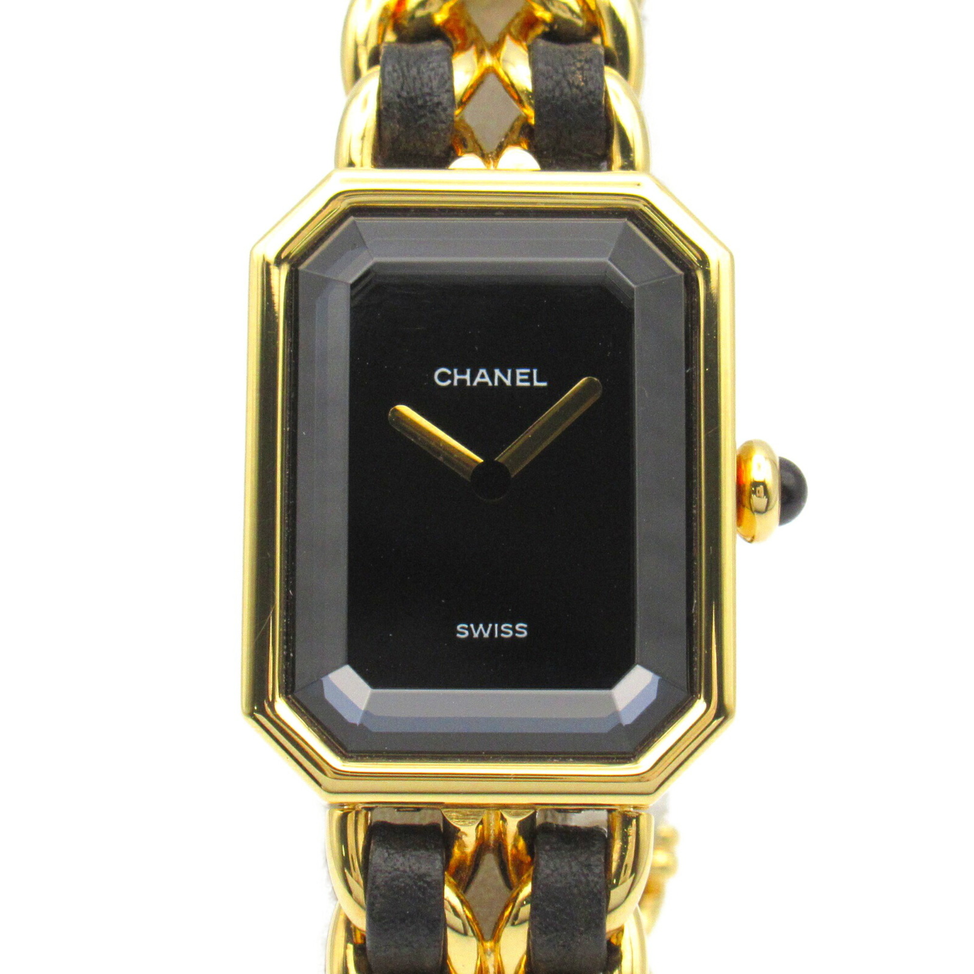 CHANEL Premiere M Watch GP (Gold Plated) Leather Strap Women's Black H0001