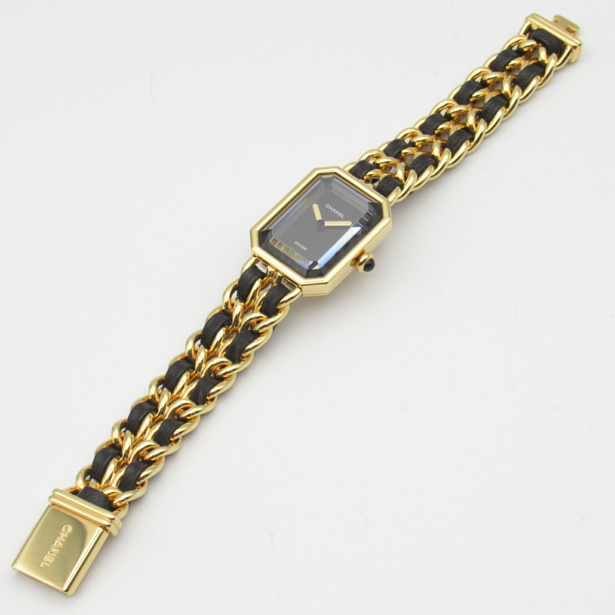 CHANEL Premiere M Watch GP (Gold Plated) Leather Strap Women's Black H0001