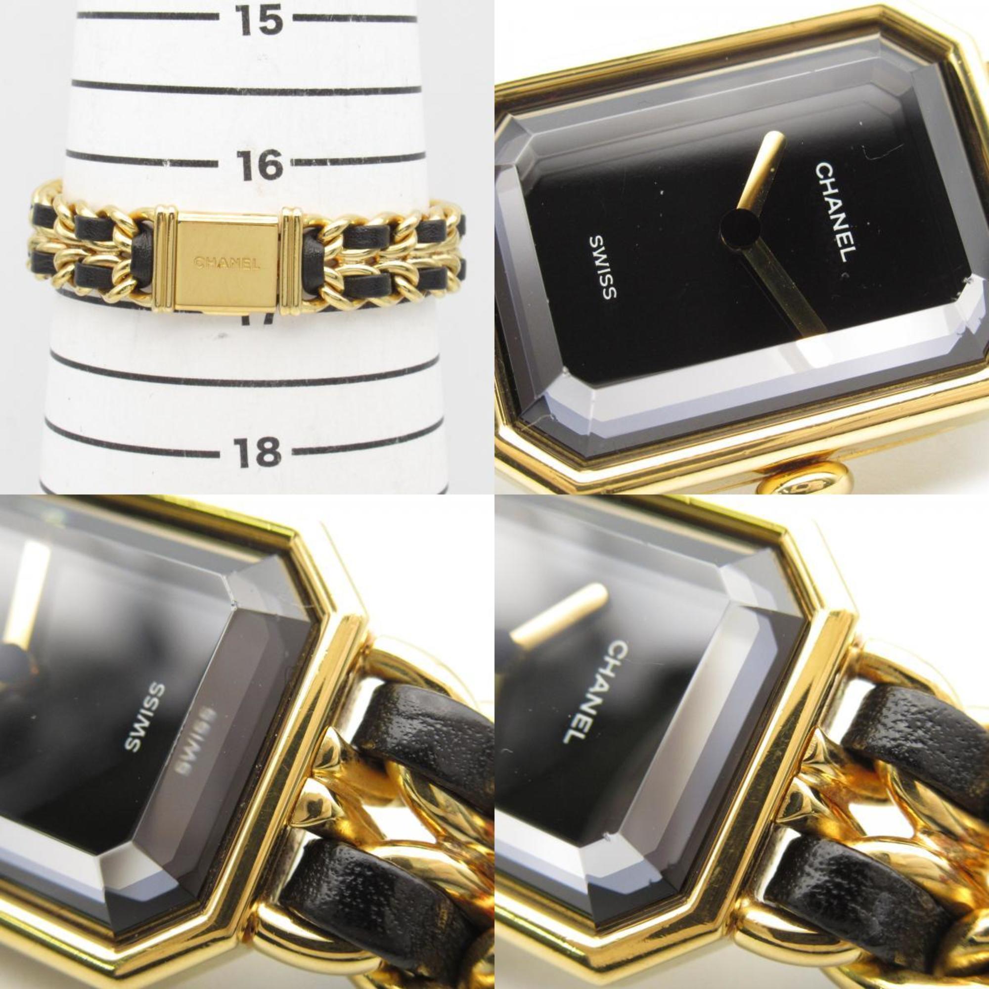 CHANEL Premiere L Watch GP (Gold Plated) Leather Strap Women's Black H0001