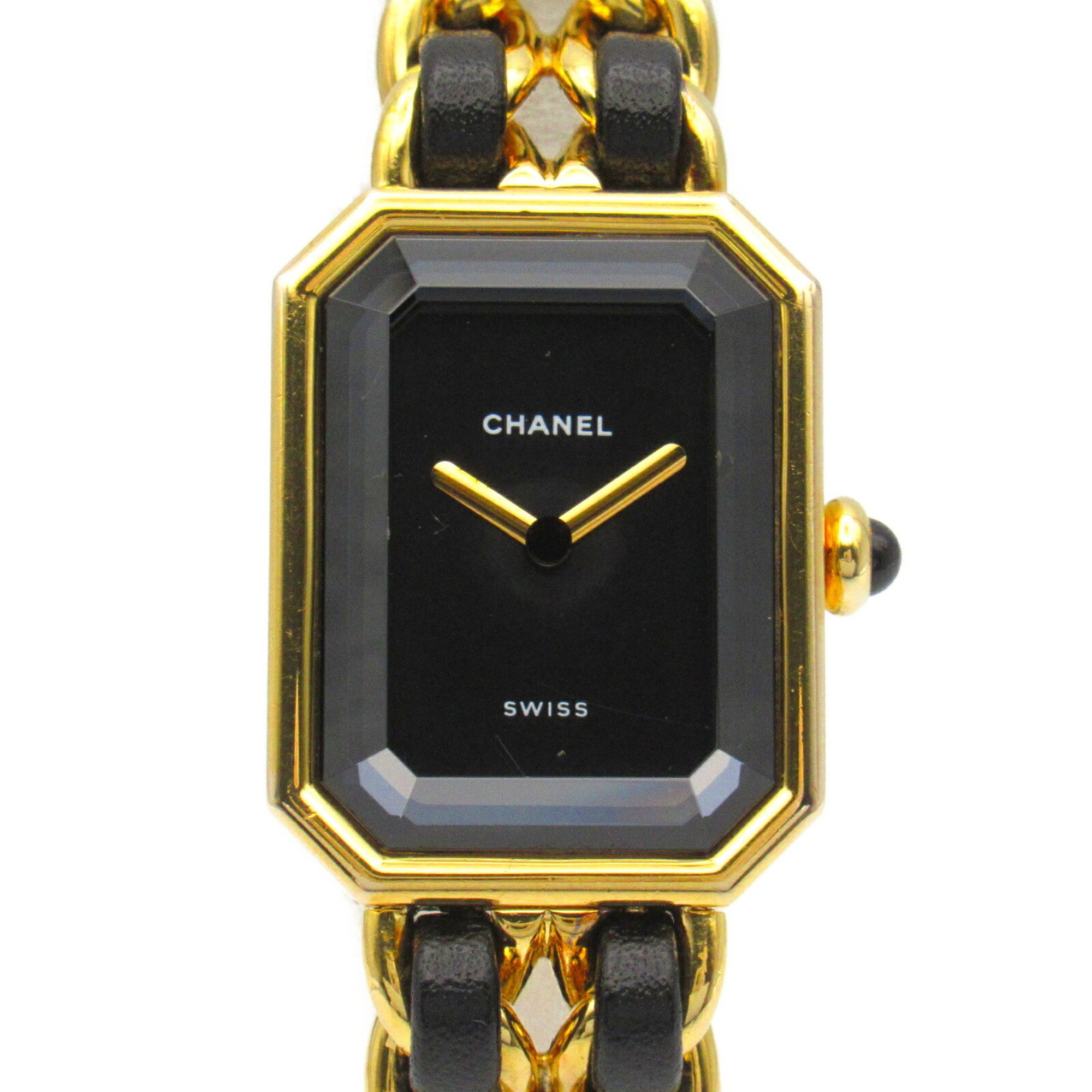 CHANEL Premiere L Watch GP (Gold Plated) Leather Strap Women's Black H0001